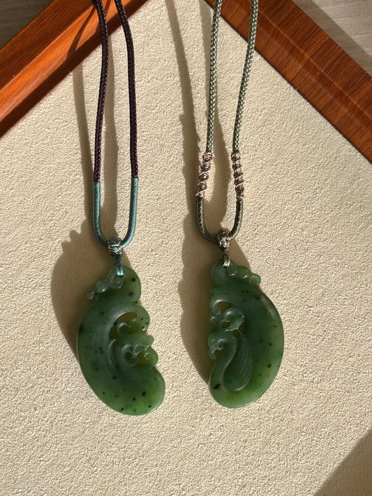 Green Hetian Jade Dragon and Phoenix Pair Pendants | 和田碧玉龙凤对牌