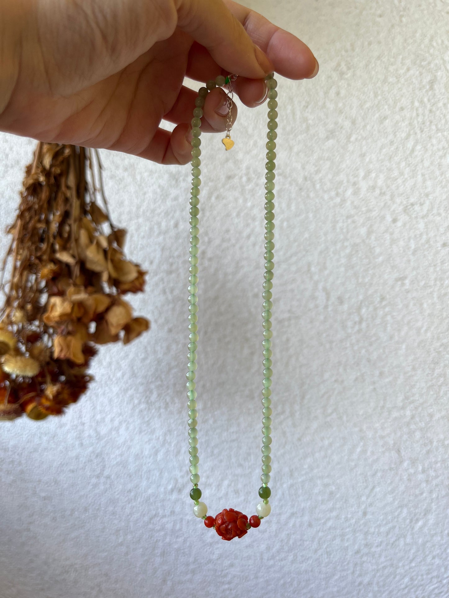 Handmade Necklace with 4mm Nephrite Beads and a Nanhong Agate Peony Flower, 和田冰晴水南红牡丹项链