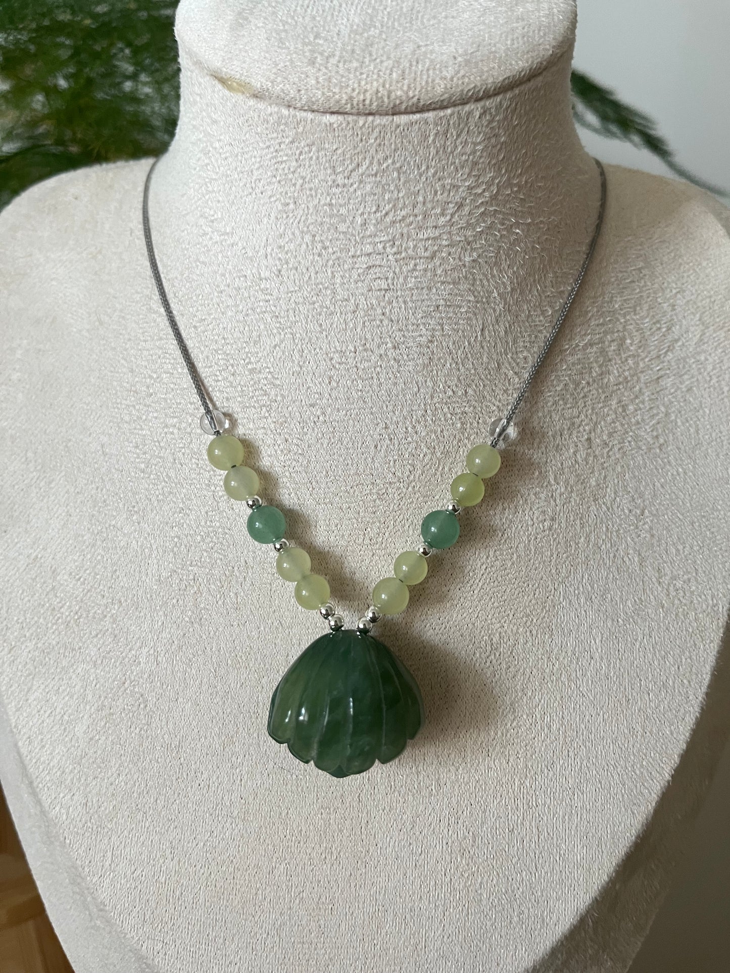 Hand Carved Blue Xiu Jade Shell with Pearl Pendant