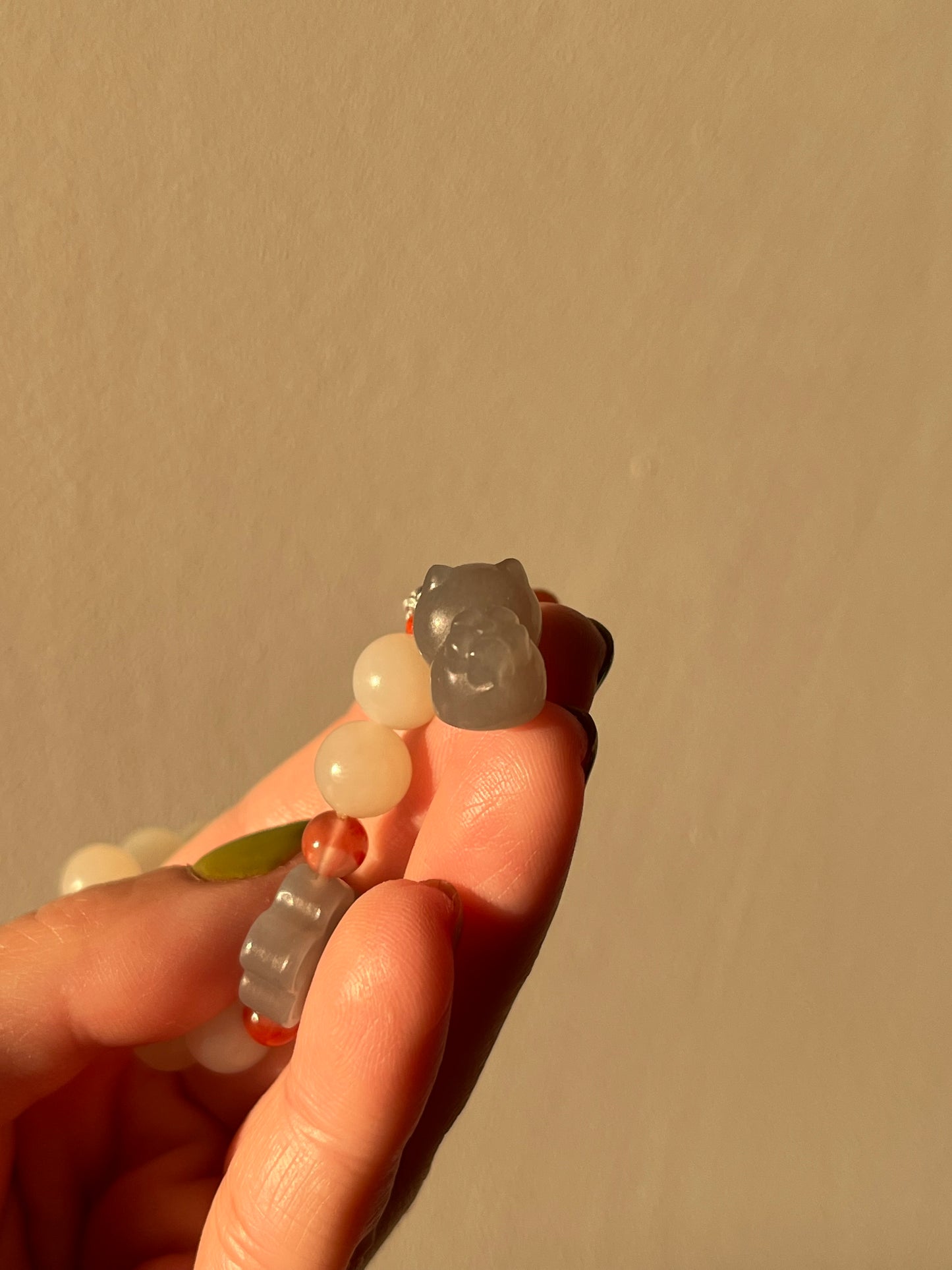 White Hetian Jade Bracelet with 8mm Bead and a Hand Carved Purple Jade Cat