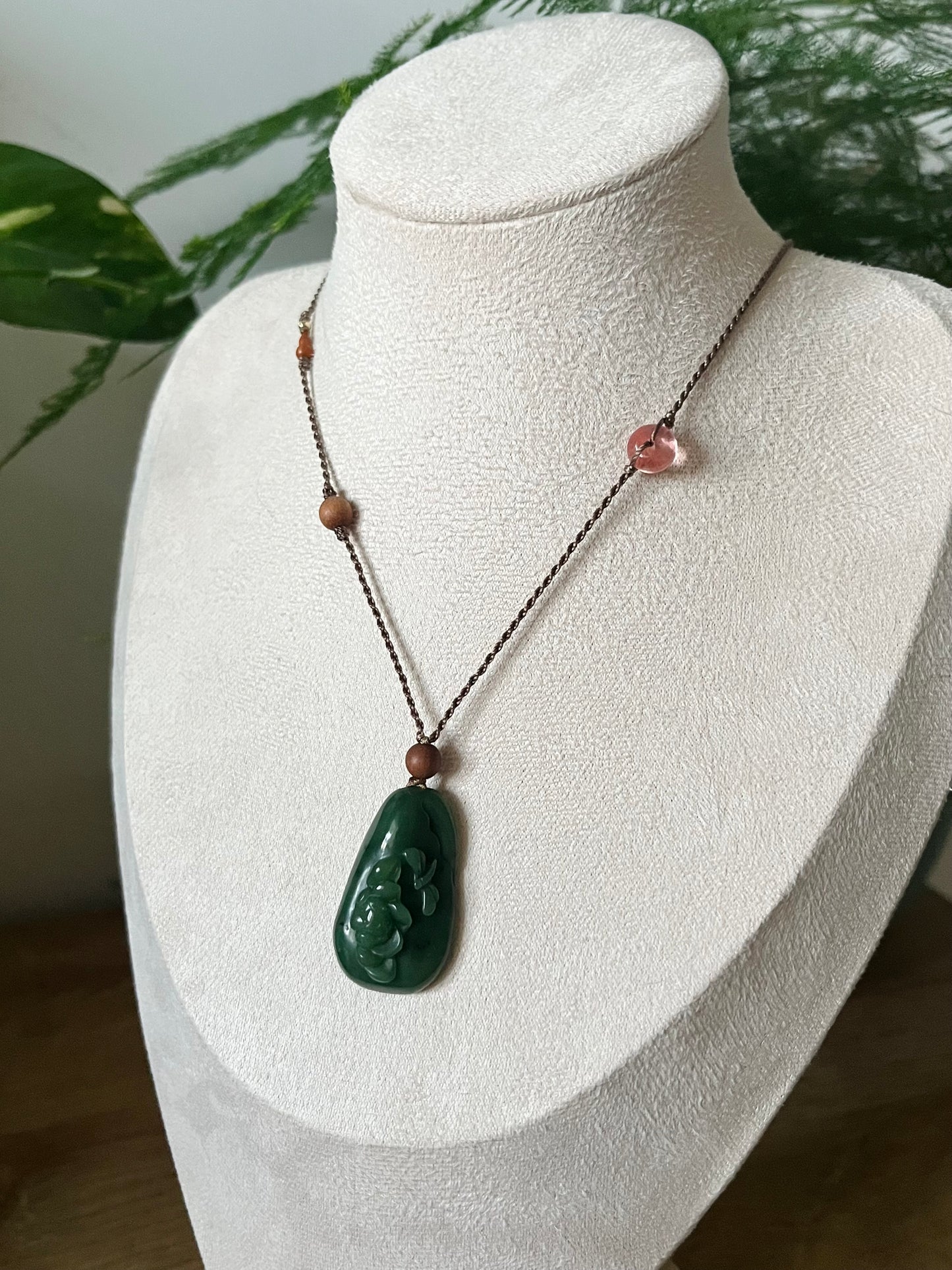 Handmade Necklace with a Hand Carved Green Hetian Jade Lotus and Dragonfly Pendant