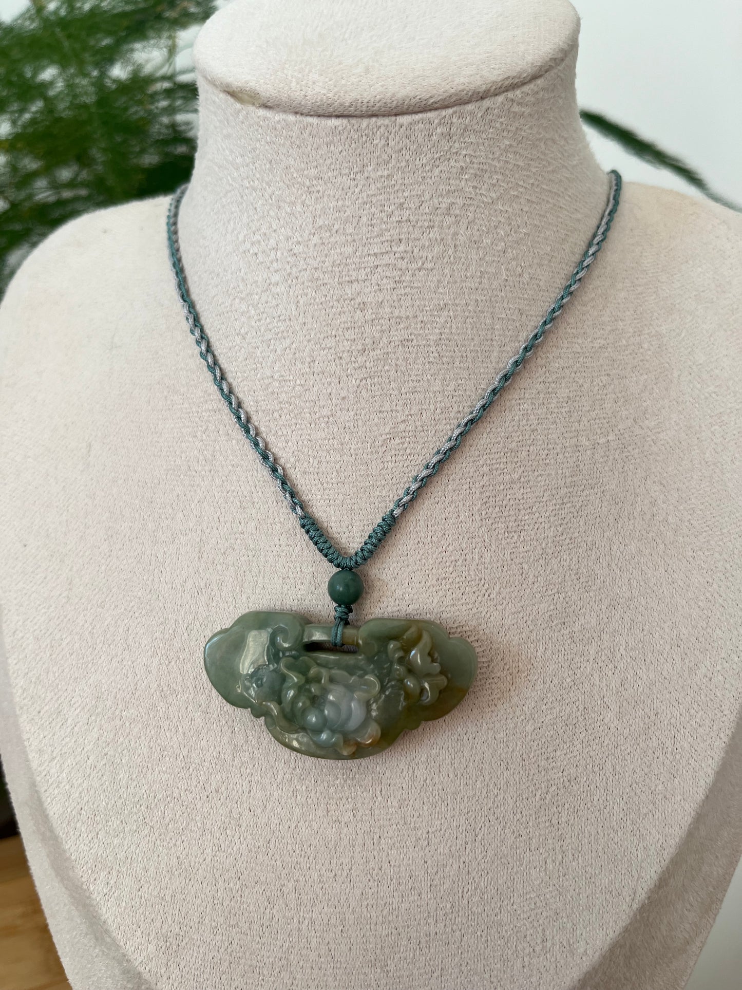 Necklace Crafted from a Hand Carved Jadeite Peony Flower Ruyi Pendant