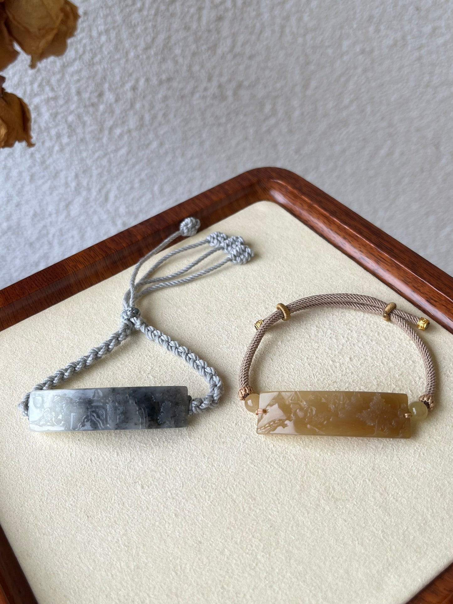 Bracelet Crafted from a Hand Carved Gray Hetian Jade Landscape Pendant | 手雕和田青花意境山水手牌