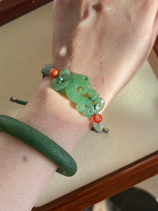 Green Hetian Jade Antique Style Phoenix Bracelet | 和田碧玉仿古凤凰手牌