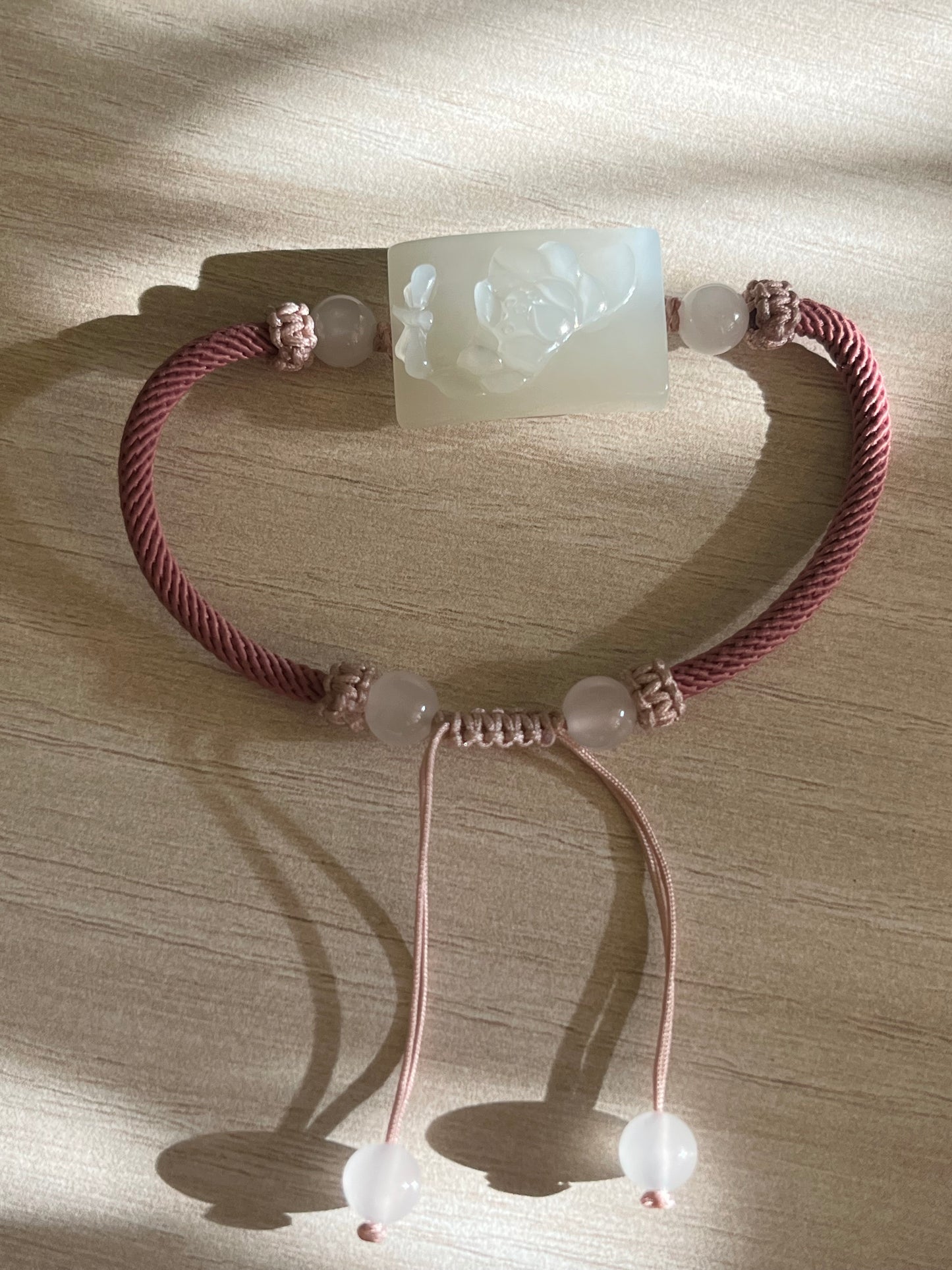 Handmade Bracelet Crafted from a Hand Carved White Hetian Jade Lotus and dragonfly Pendant