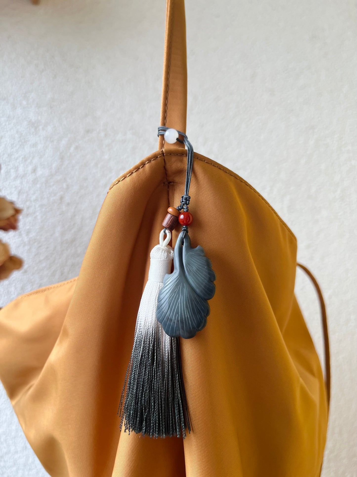 Handmade Bag Charm with a Hand Carved Hetian Qinghua Jade Ginkgo Biloba Pendant, 手雕和田青花银杏叶包挂