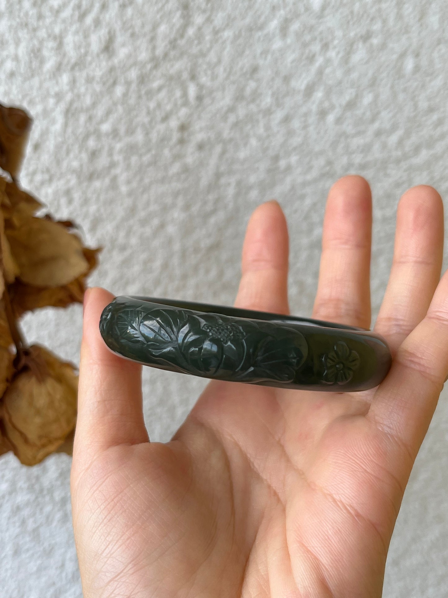 Dark Green Peony Flower Carving Bangle 53mm | 和田深湖水绿牡丹镯
