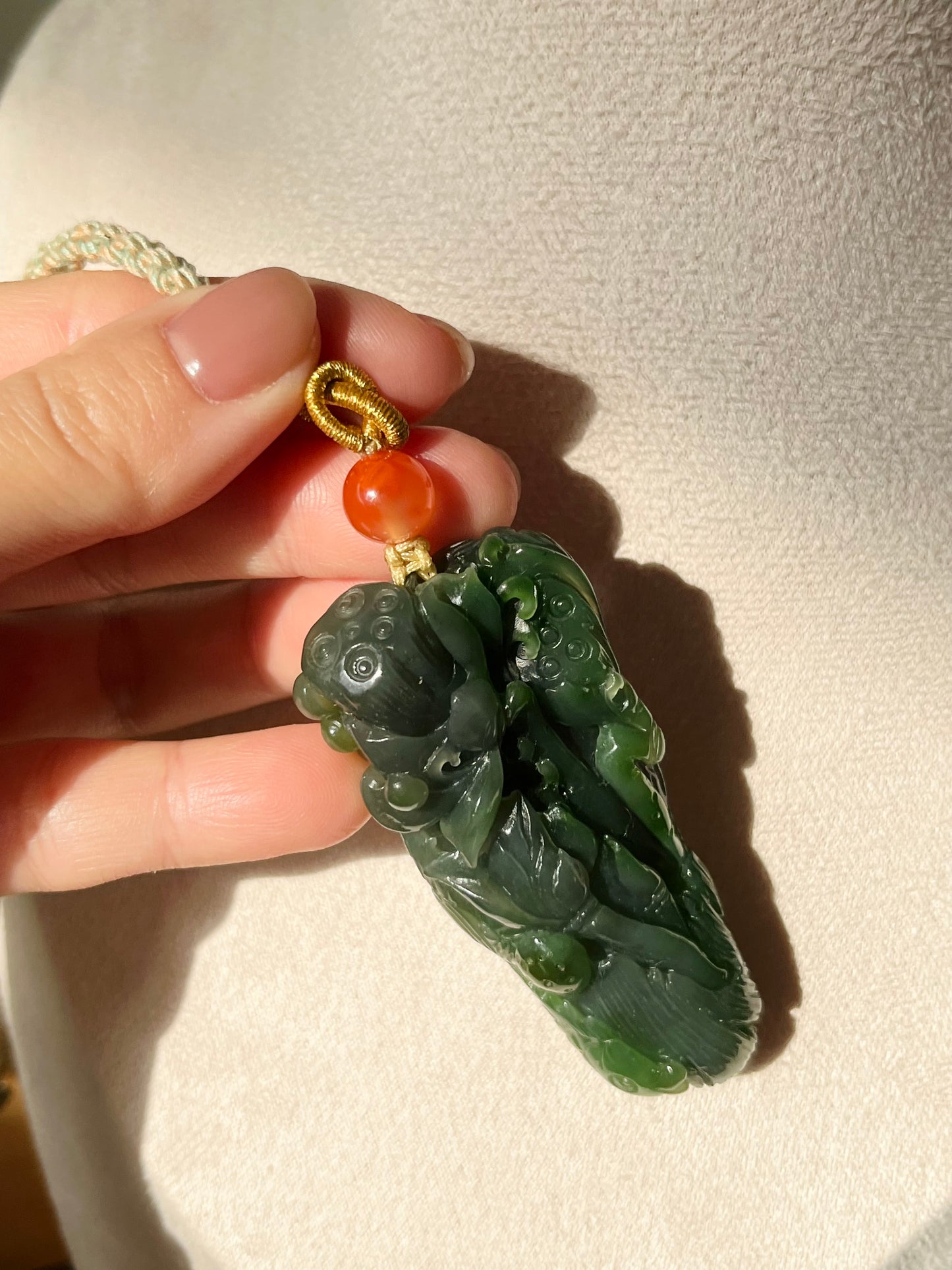 Hand Carved Green Hetian Jade Fish and Lotus Pendant, 手雕碧玉荷花鱼手把件