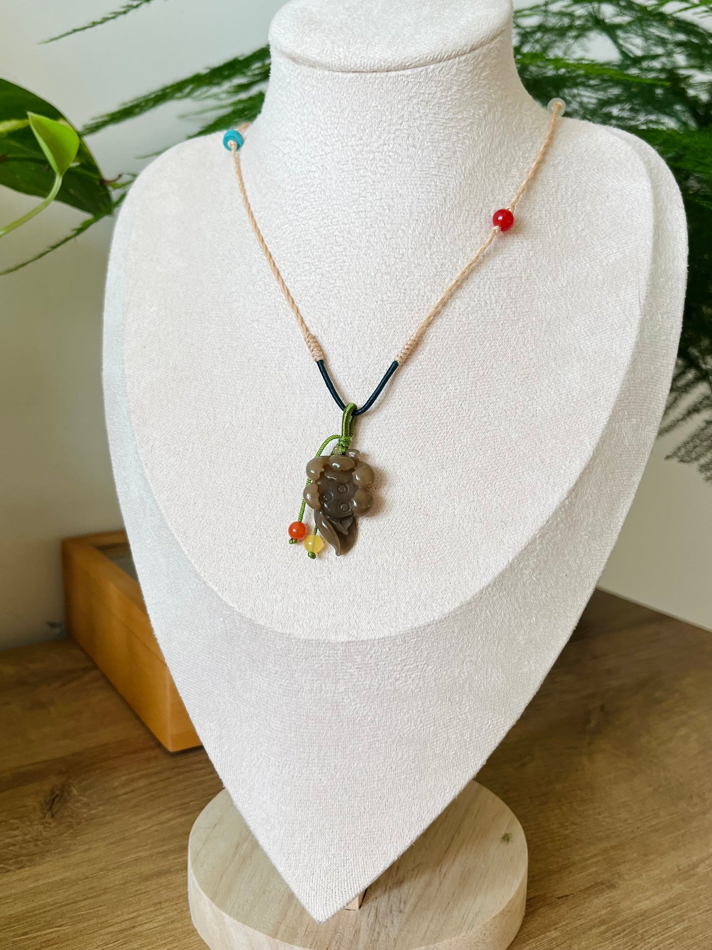 Handmade Necklace with a Hand Carved Brown Hetian Jade Lotus Flower, 手编和田玉小荷花项链