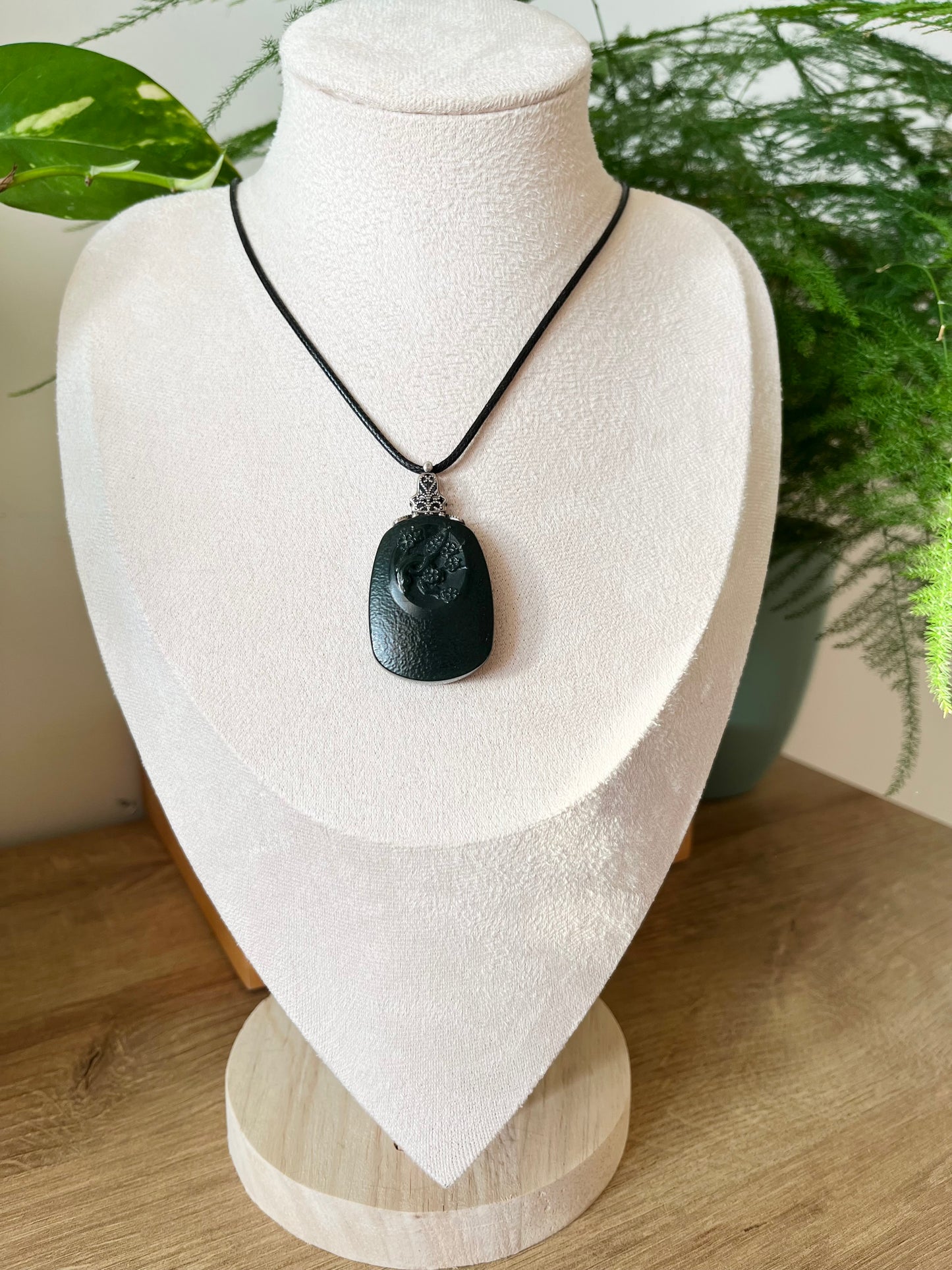 Vintage Style Carved Hetian Jade Plum Blossom Pendant, 和田青玉复古银扣头梅花牌