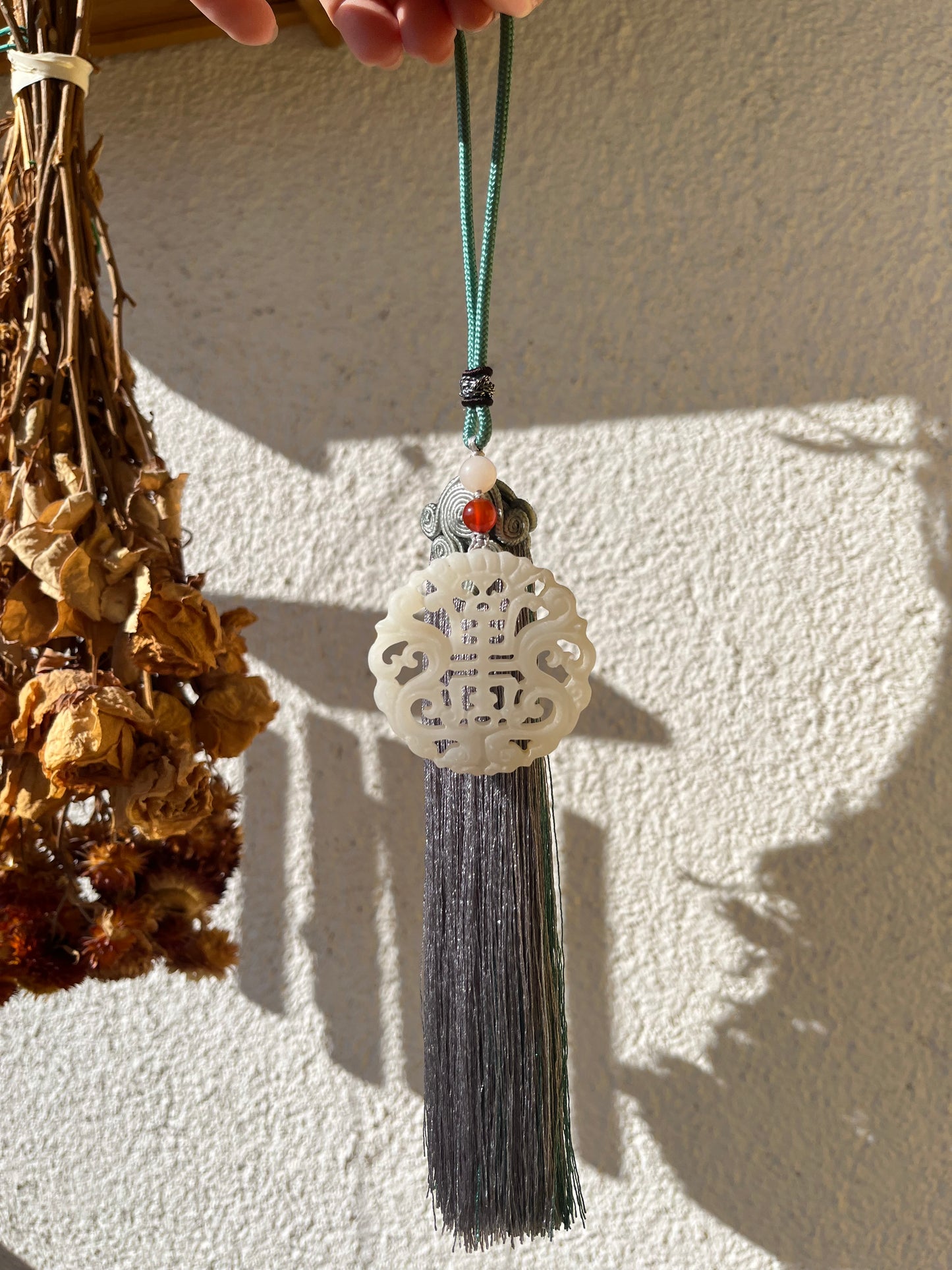 White Hetian Jade Longevity Character Amulet Car Hanging | 和田团寿镂空玉佩车挂