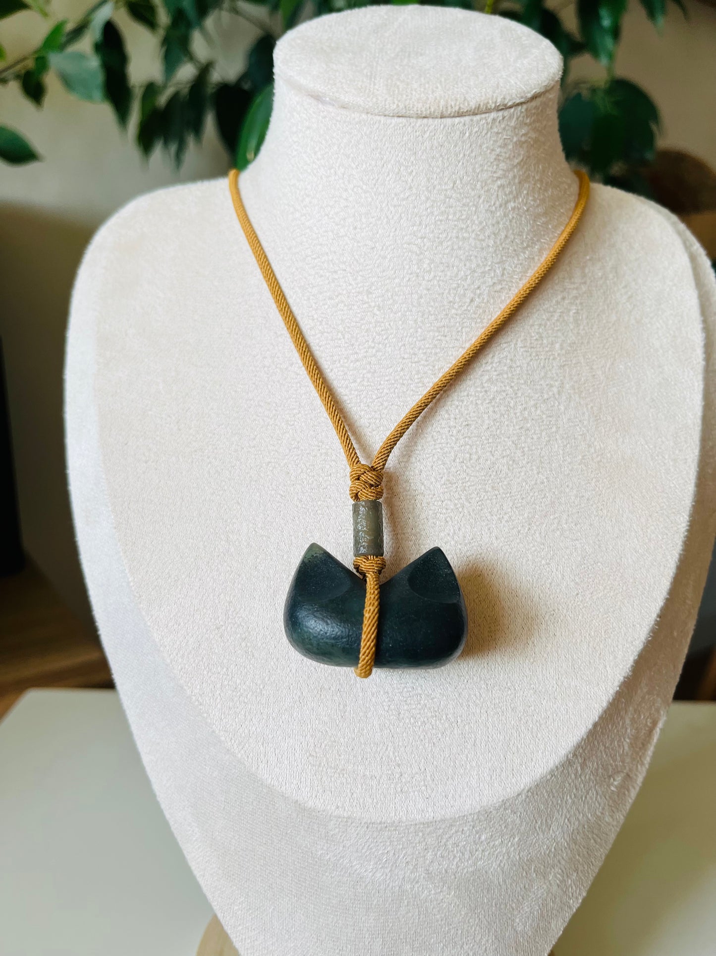 Hand Carved Gray Hetian Jade Cat Ear Pendant, 和田青花古风猫耳