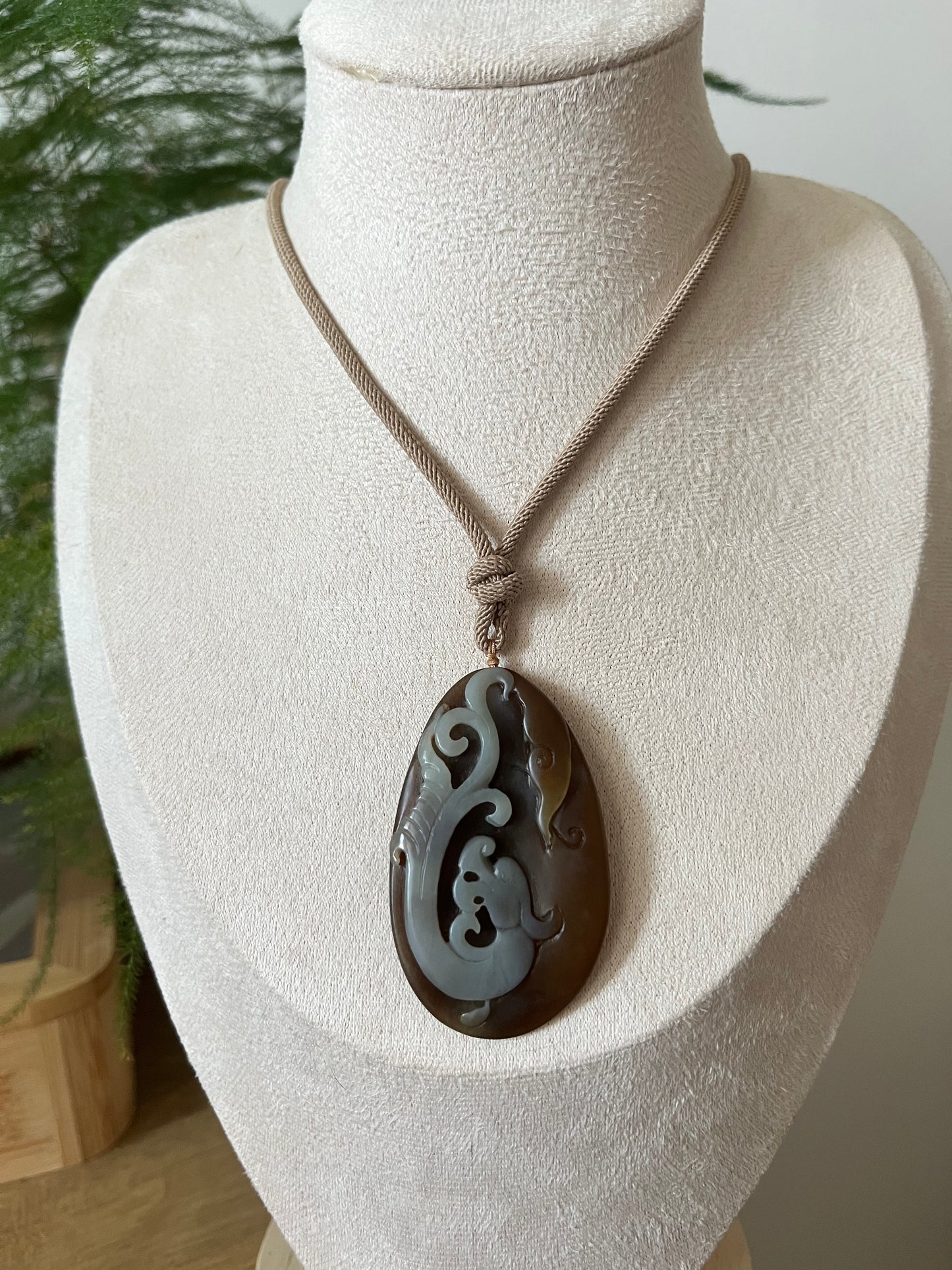 Hand Carved Brown and White Hetian Jade Chi Dragon Pendant | 和田糖白俏色巧雕螭龙