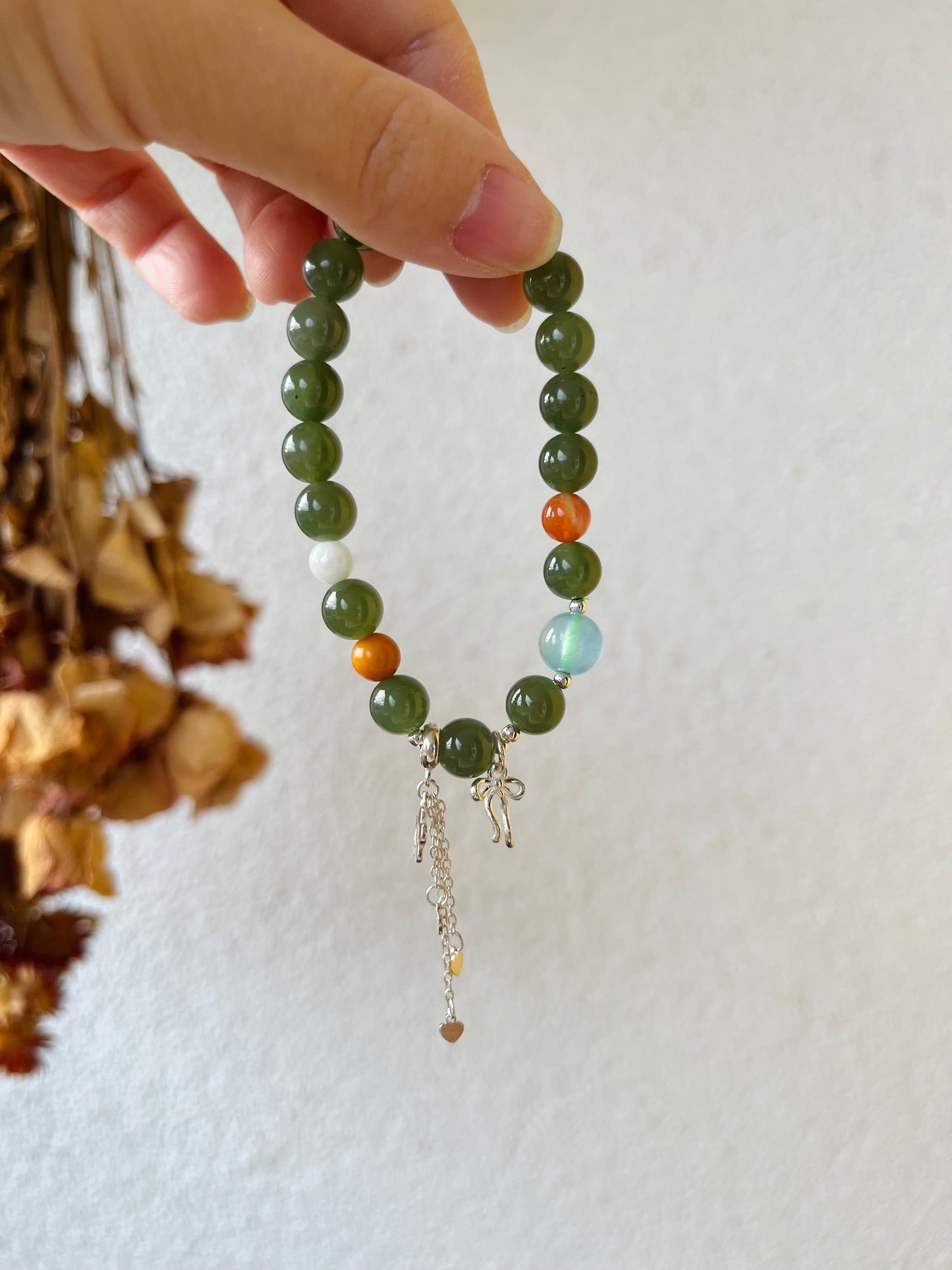 Green Hetian Jade Bracelet with 8mm Beads and S925 Sliver Accessories, 碧玉翡翠海蓝宝加银饰手串