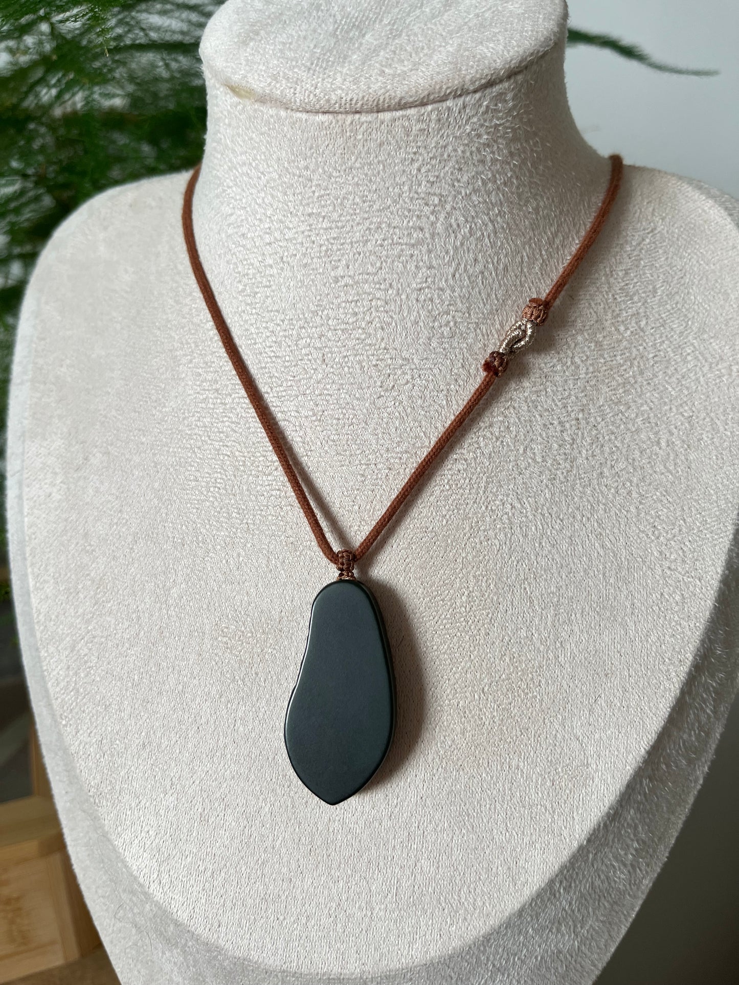Hand Carved Ancient Style Dark Green Hetian Jade Pendant | 手雕青玉一细带皮仿古牌