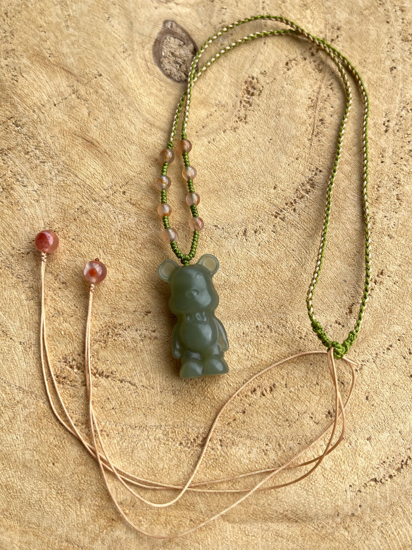 Cute Handmade Necklace with a Green Hetian Jade Bear Pendant