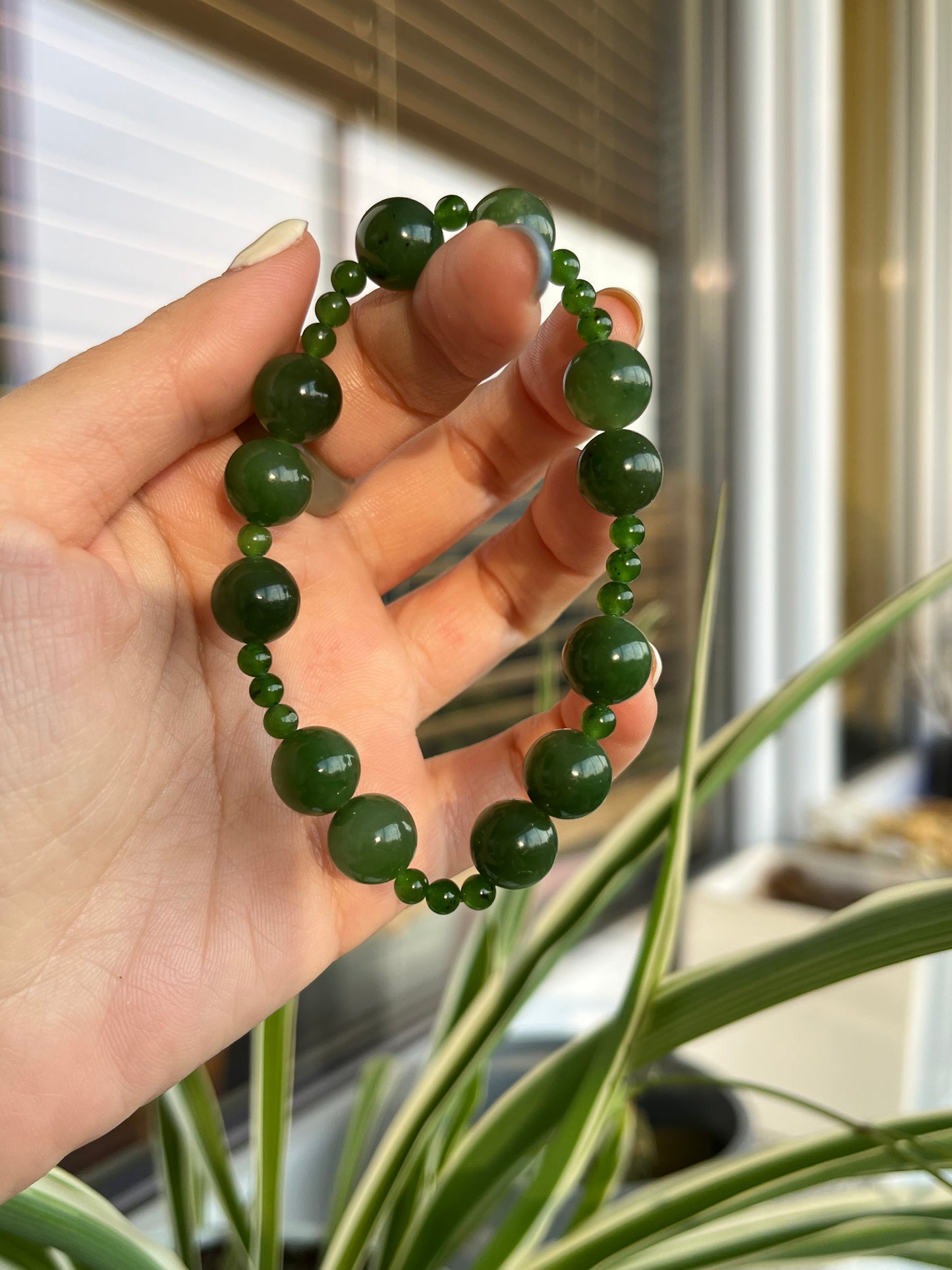 Green Hetian Jade Beaded Bracelet, 10mm & 4mm