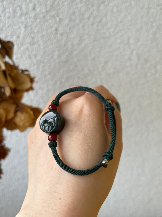 Hand Carved Drak Green Hetian Jade Lotus Bracelet | 手雕青玉一细荷花手牌