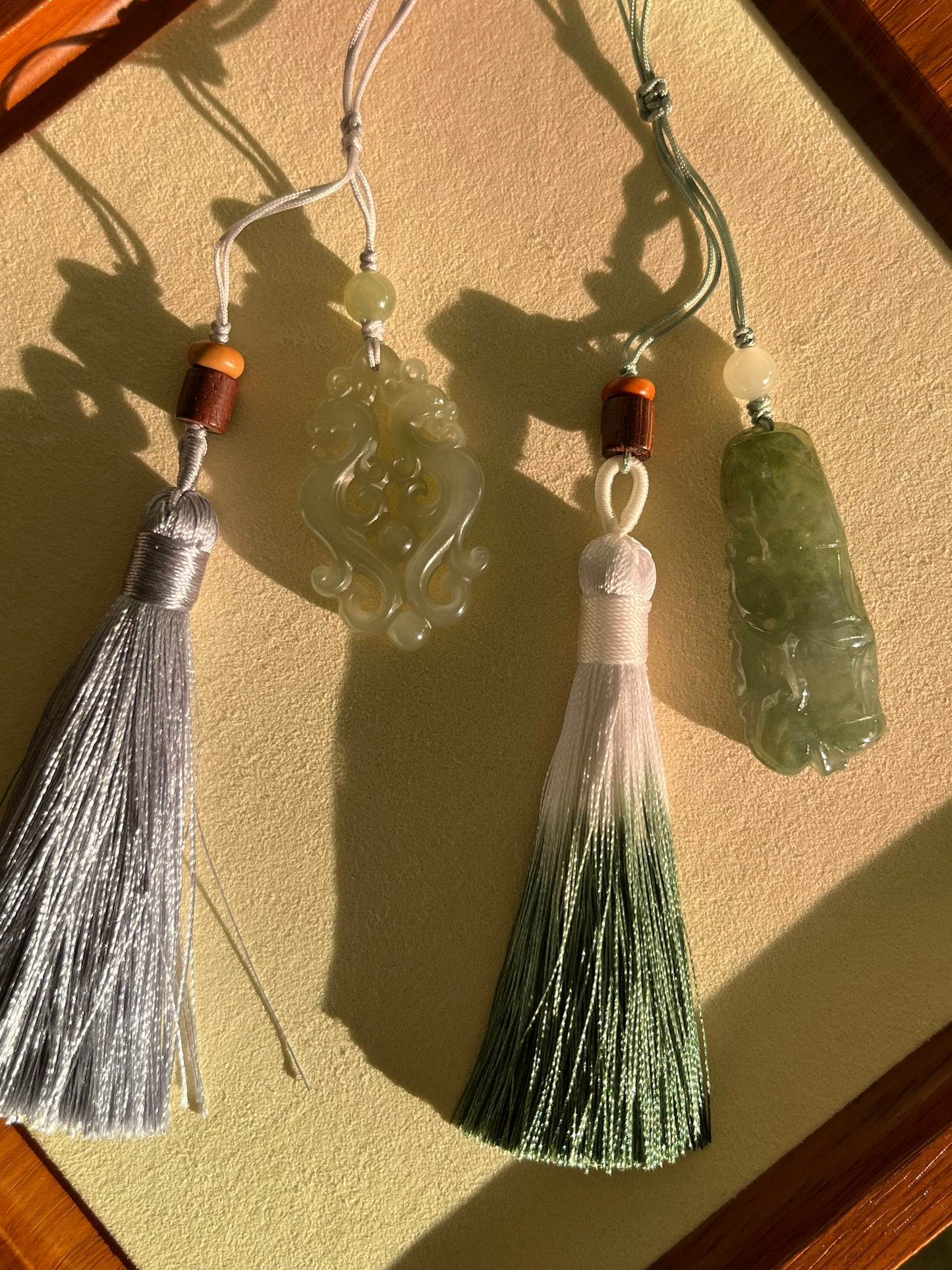 Handmade Bag Charm with a Hand Carved Jadeite Monkey and Bamboo Pendant