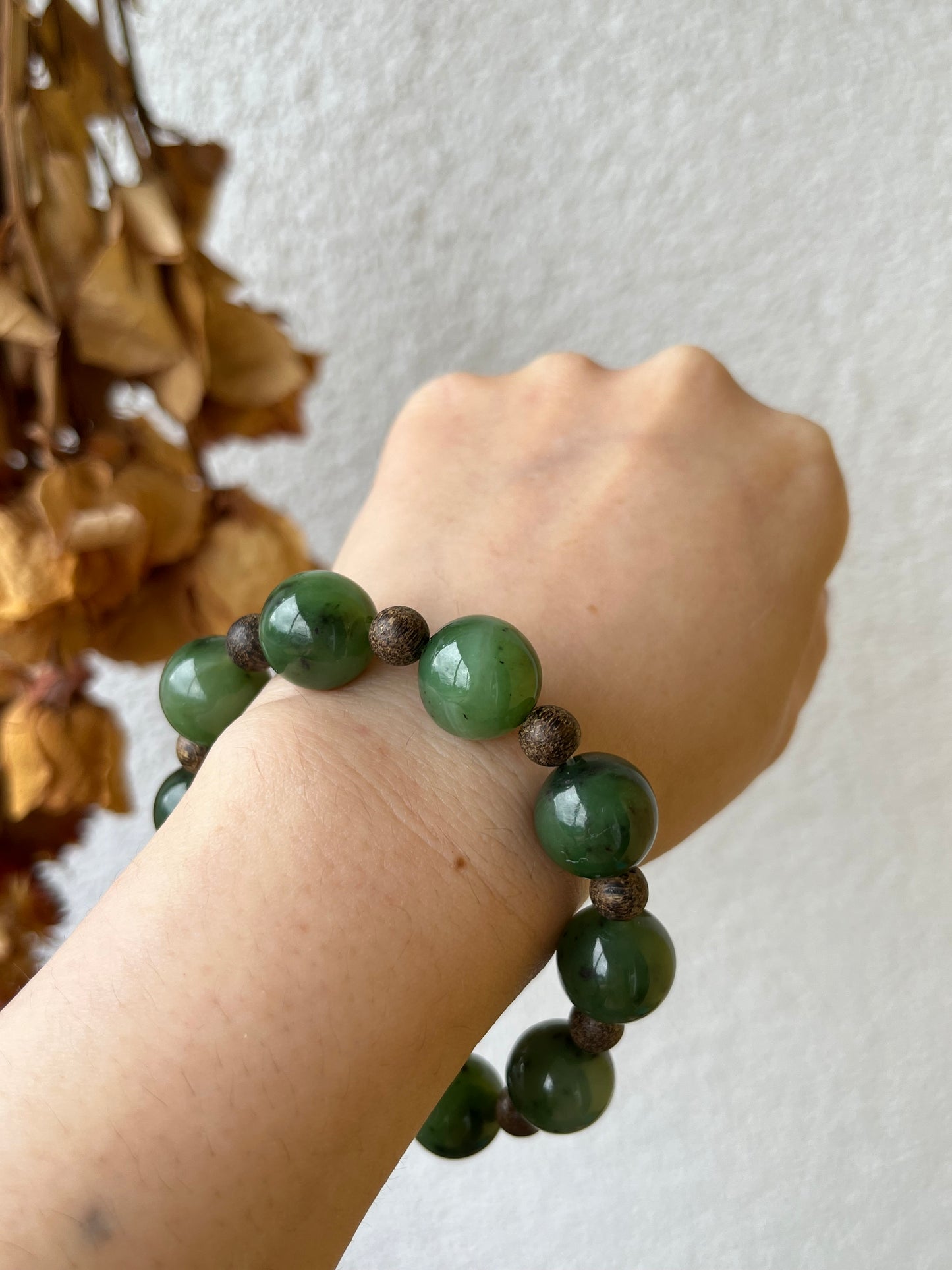 14mm Green Hetian Jade and 8mm Agarwood Beaded Bracelet