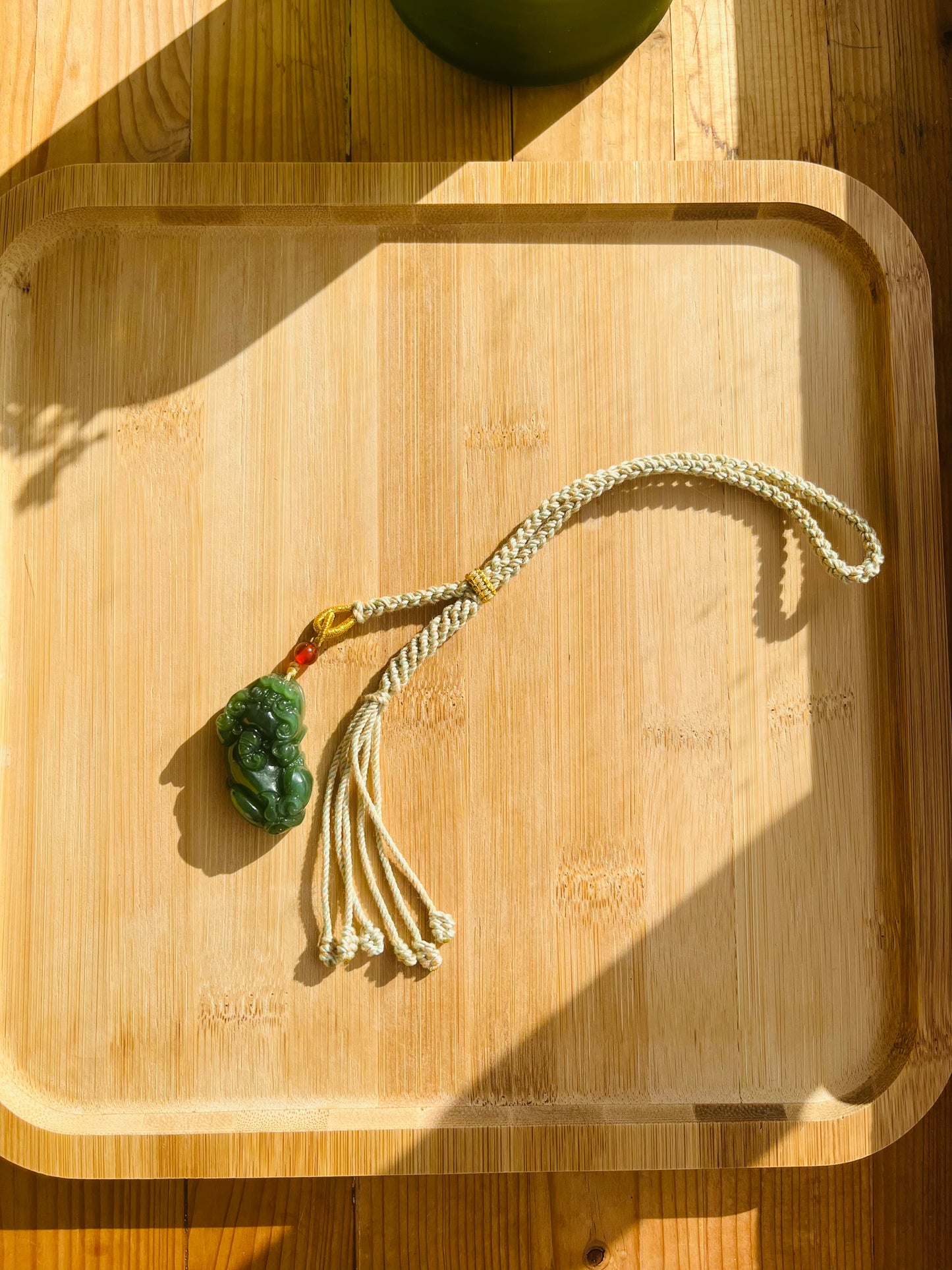 Handmade Bag Charm with a Carved Hetian Green Jade Pixiu, 碧玉貔貅包挂