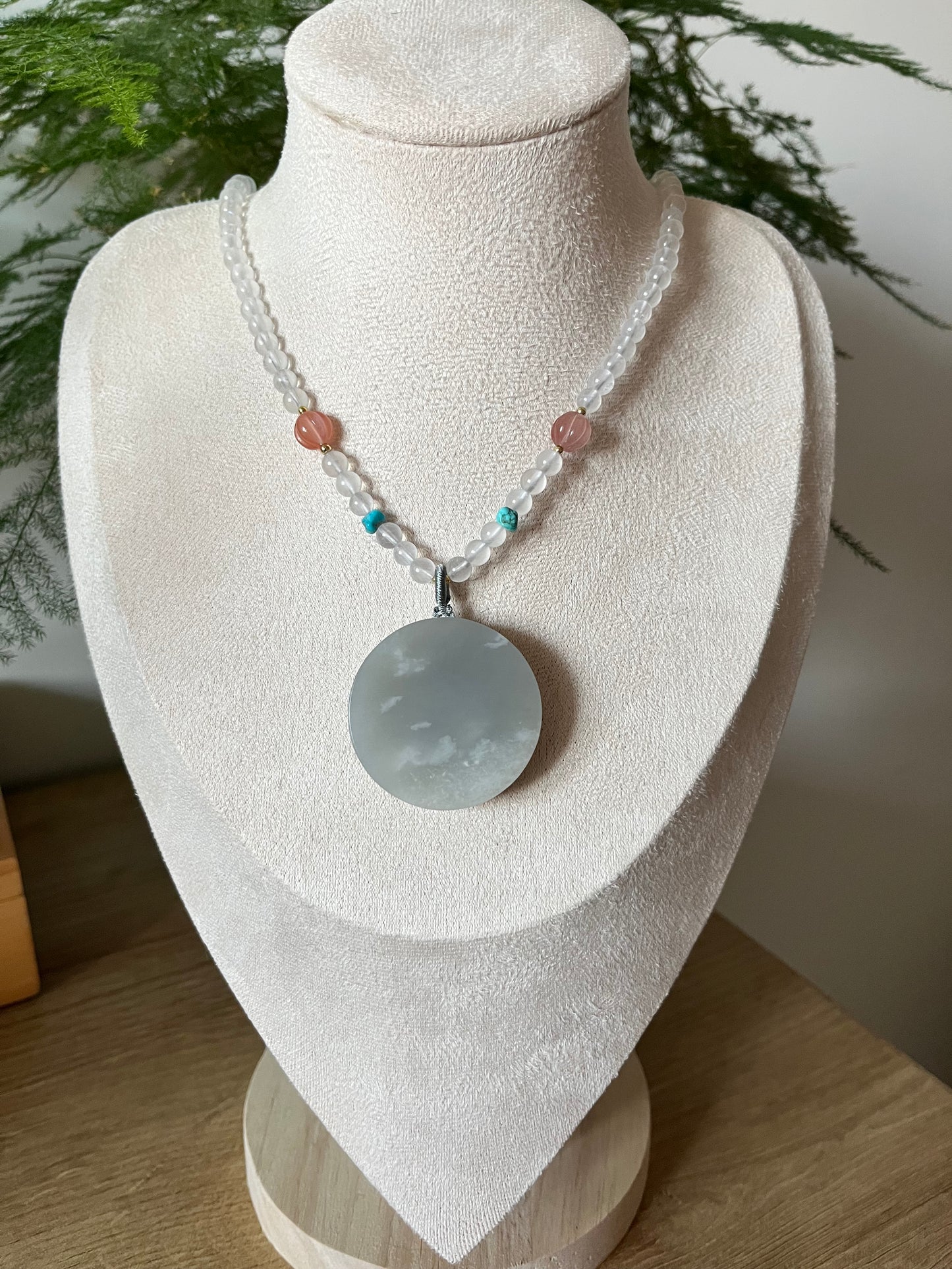 Handmade Necklace with a Purple Hetian Jade Round Shaped Pendant and Moonstone Beaded Cord