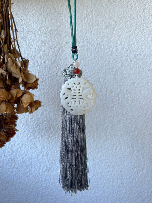 White Hetian Jade Longevity Character Amulet Car Hanging | 和田团寿镂空玉佩车挂