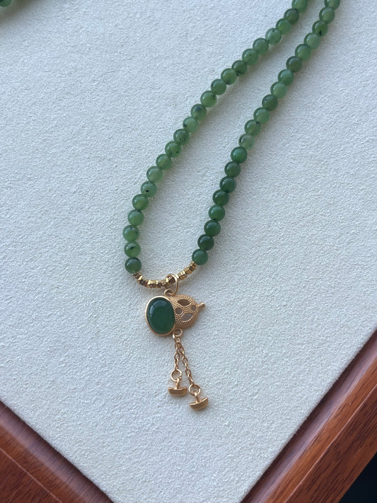 4mm Green Hetian Jade Beaded Necklace