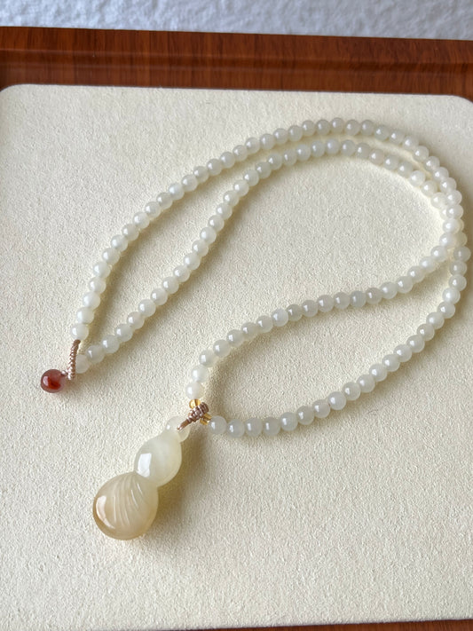 Necklace Crafted from White and Brown Hetian Jade Hulu and 5mm White Hetian Jade Beads