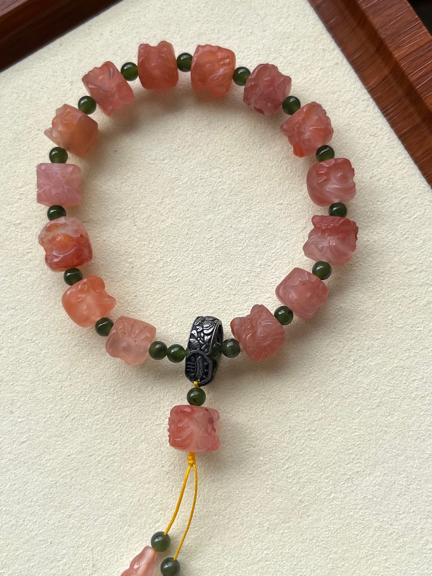 Nanhong Agate Lion Dance Head and Green Hetian Jade Beaded Braclet