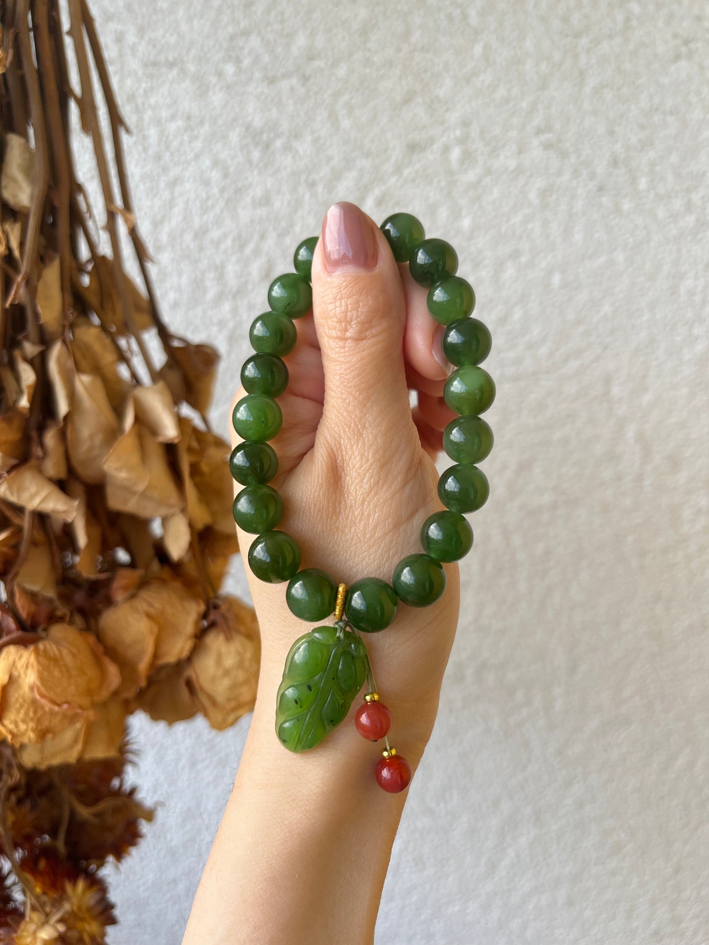 10mm Green Hetian Jade Beaded Bracelet with a Green Leaf Pendant