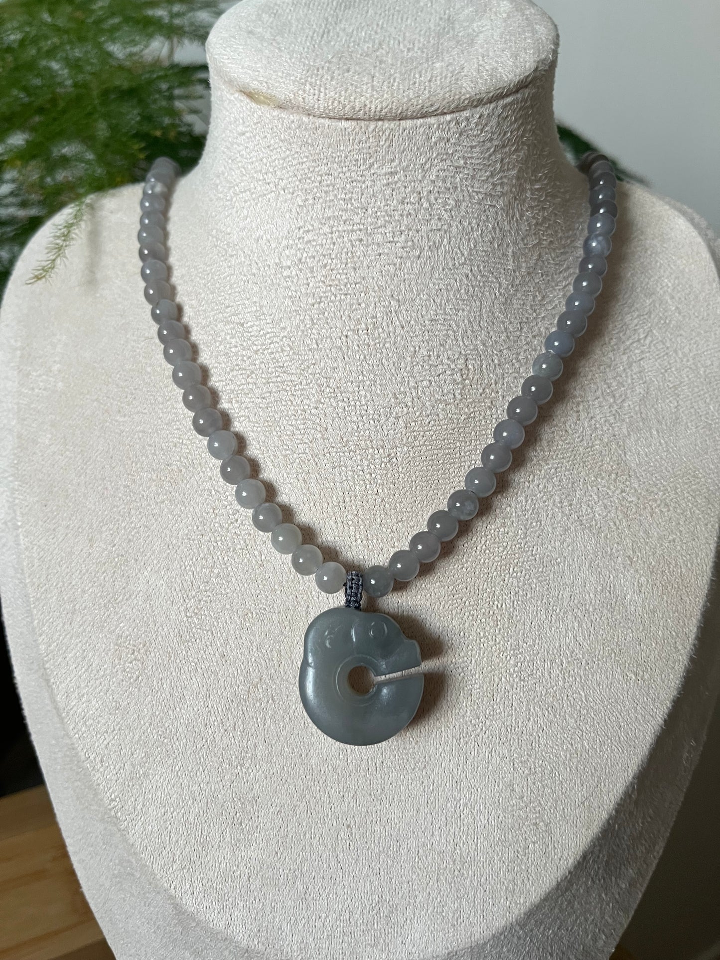 Necklace Crafted from Hetian Jade Smoky Purple Pig Dragon and 6mm Hetian Jade beads