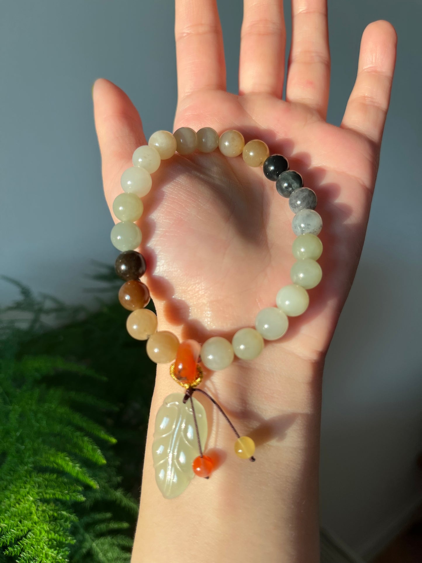 Autumn Vibes, Multi-color Hetian Jade Bracelet with 8mm Beads and a Jade Leaf, 和田楼兰三色手串