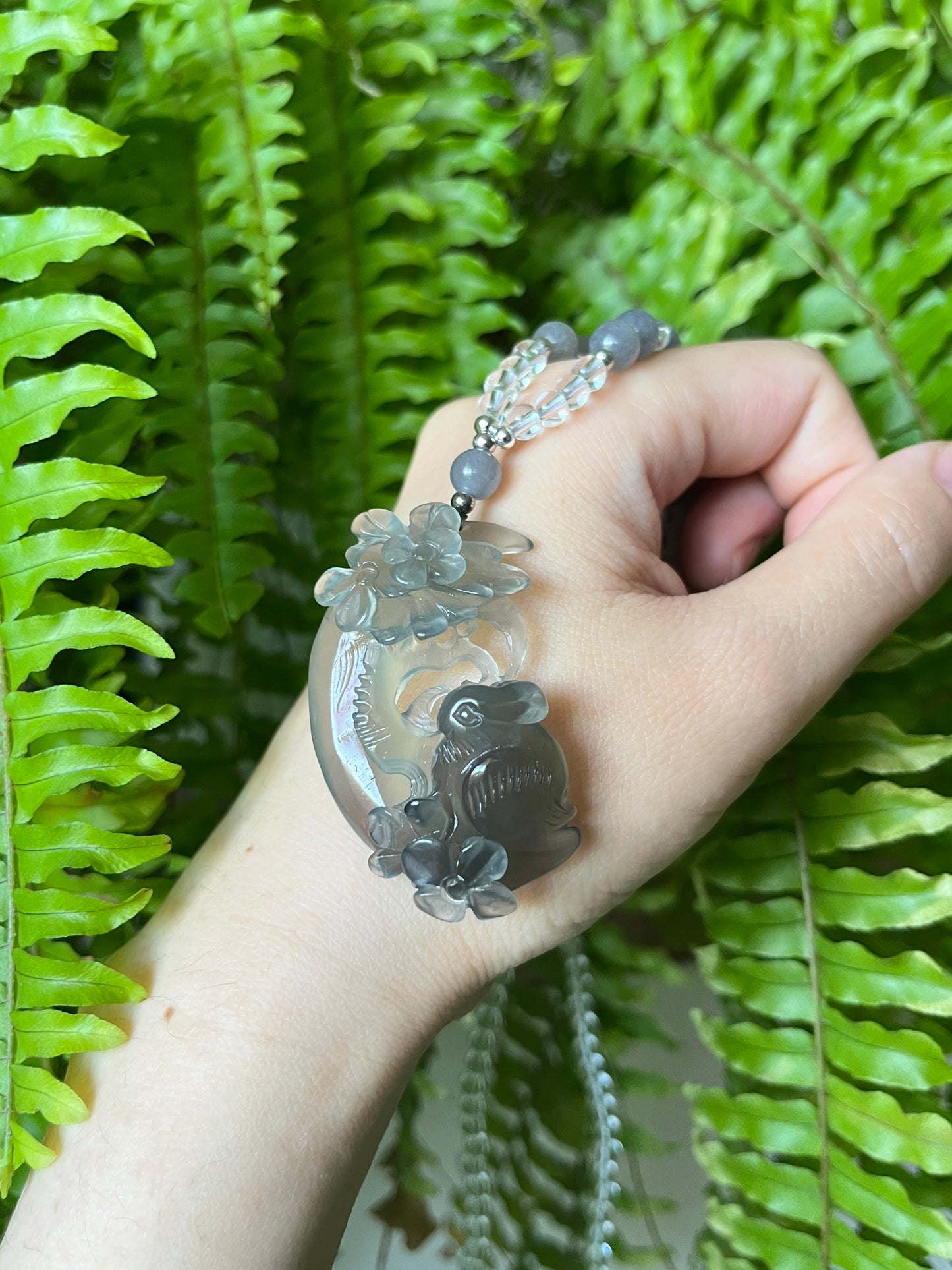 Hand Carved Icy Gray Rabbit on the Moon | 手雕灰冰岫玉月亮兔