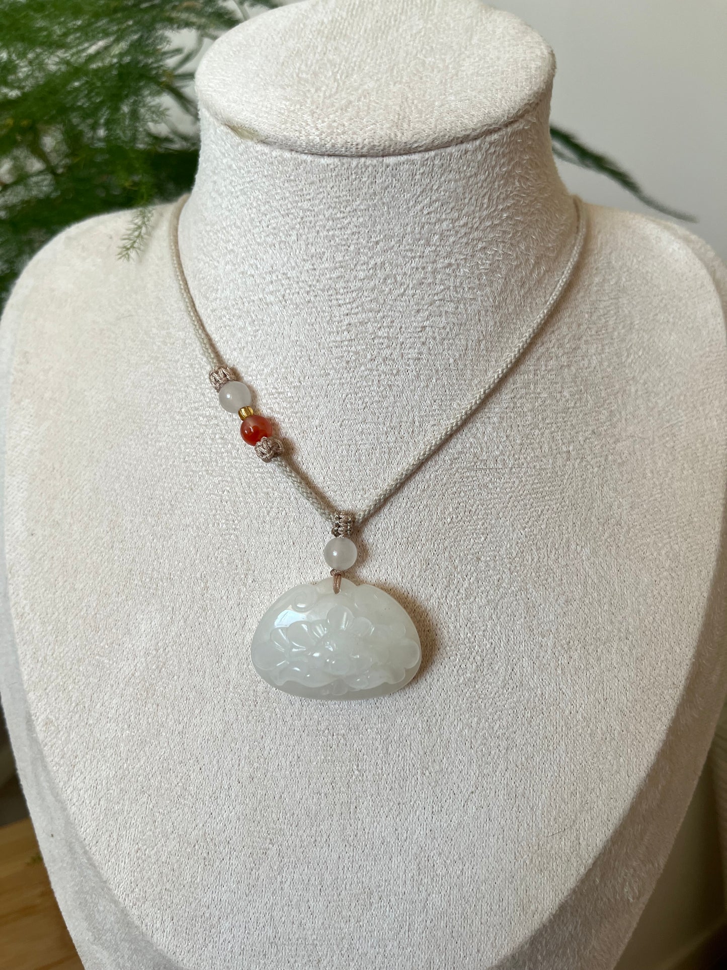 Hand Carved Hetian White Jade Peony Flower Ruyi Blessing Lock Pendant | 和田白玉牡丹如意锁