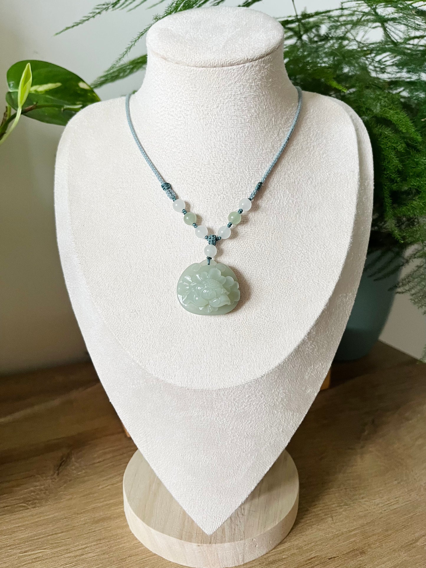 Hand Carved Hetian Jade Peony Flower Ruyi Blessing Lock Pendant, 和田且末奶蓝手雕牡丹如意锁吊坠