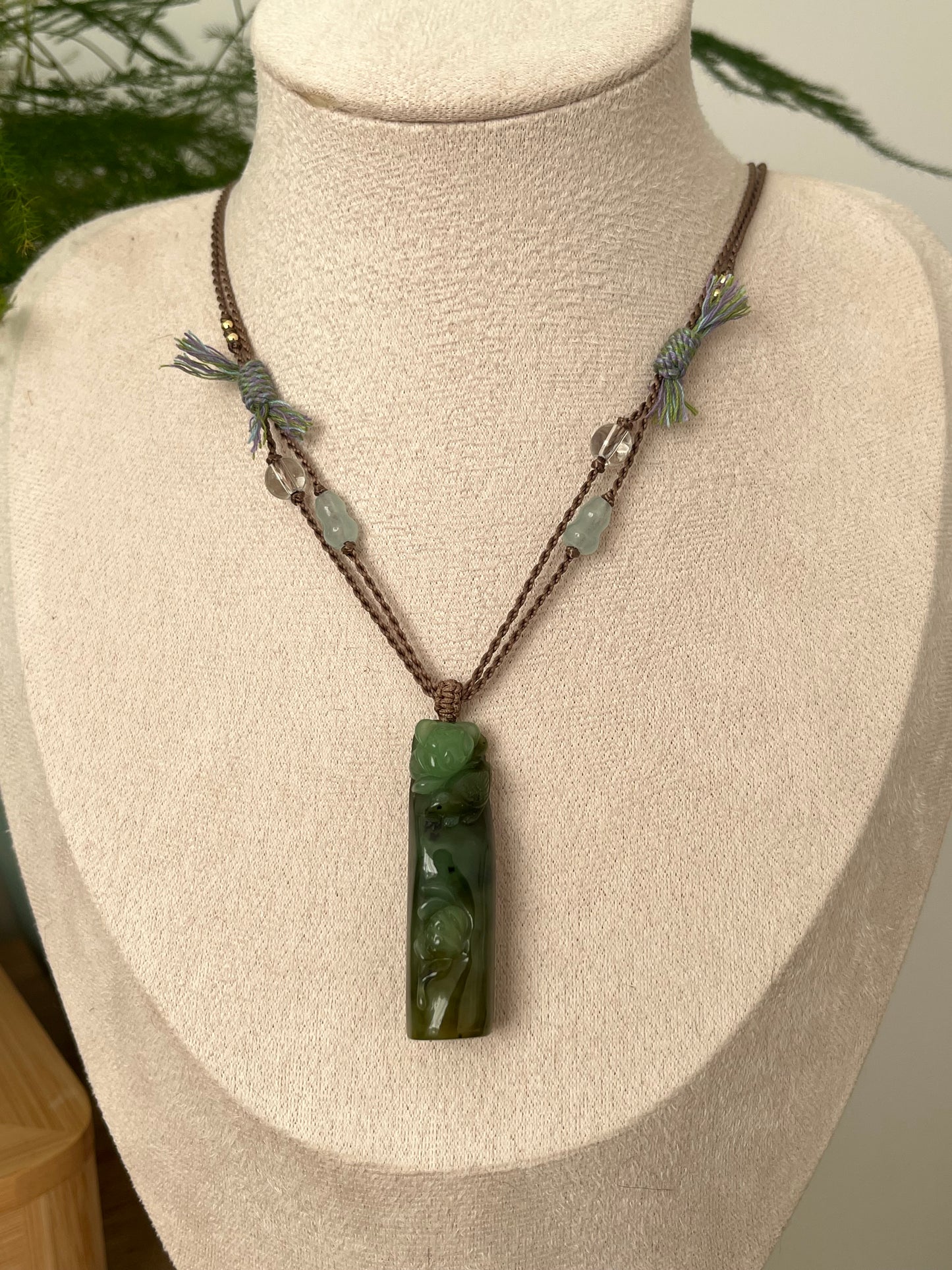 Hand Carved Green Hetian Jade Lotus and Magpie Pendant | 手雕和田碧玉喜鹊荷花吊坠