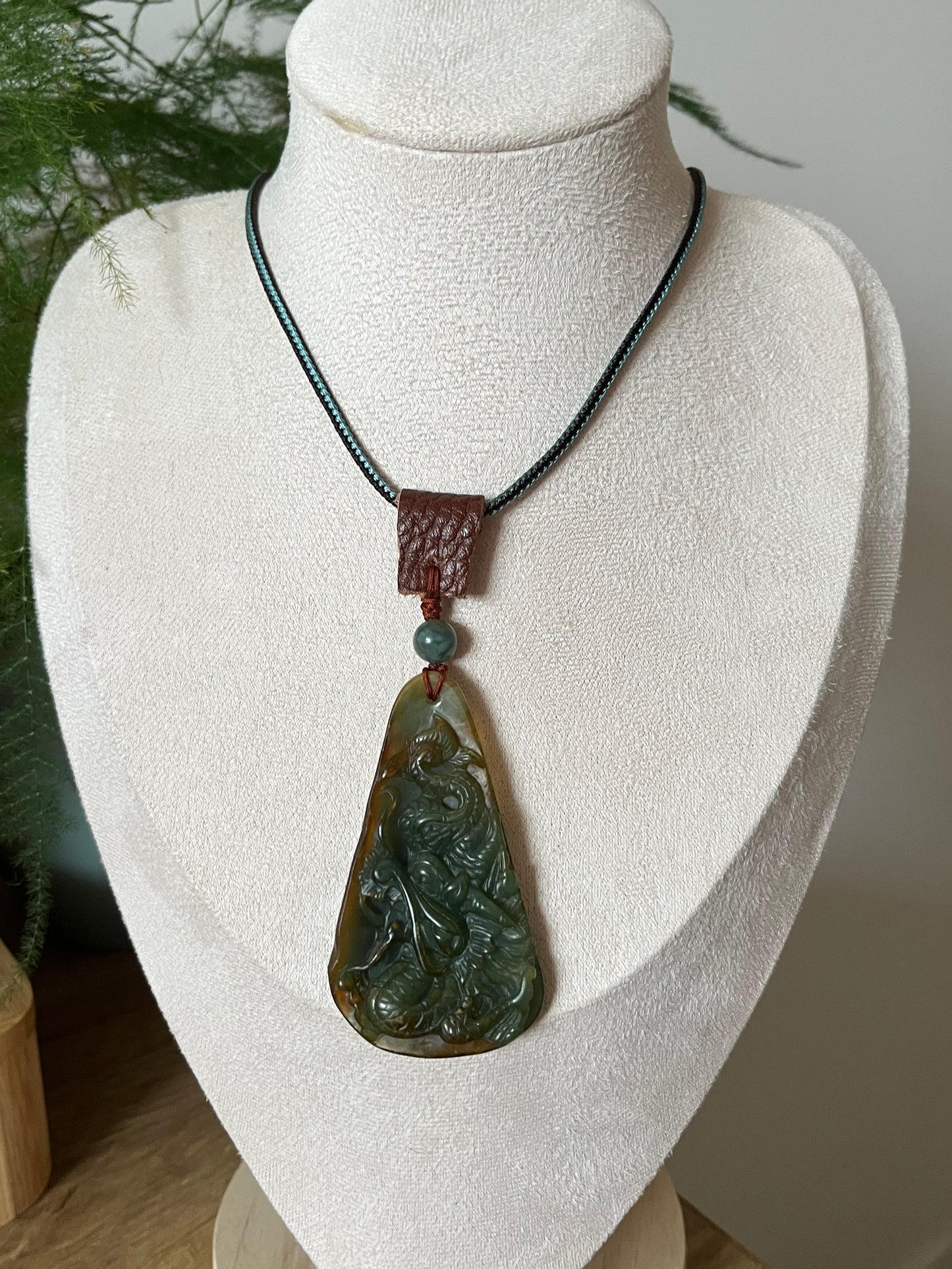 Blue and Brown Xiu Jade Dragon Necklace | 岫玉龙牌