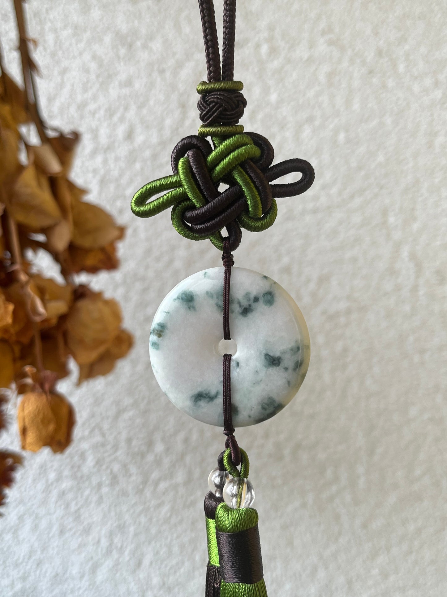 Handmade Jadeite Safty Clasp Pendant (Ping An Kou) Car Hanging | 翡翠飘花平安扣车挂