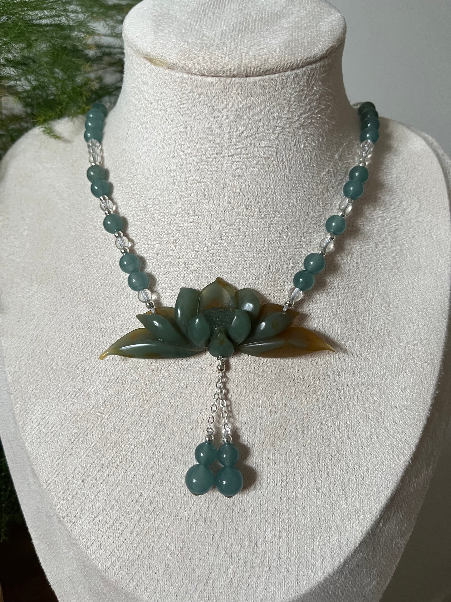 Hand Carved Blue and Brown Xiu Jade Lotus Flower