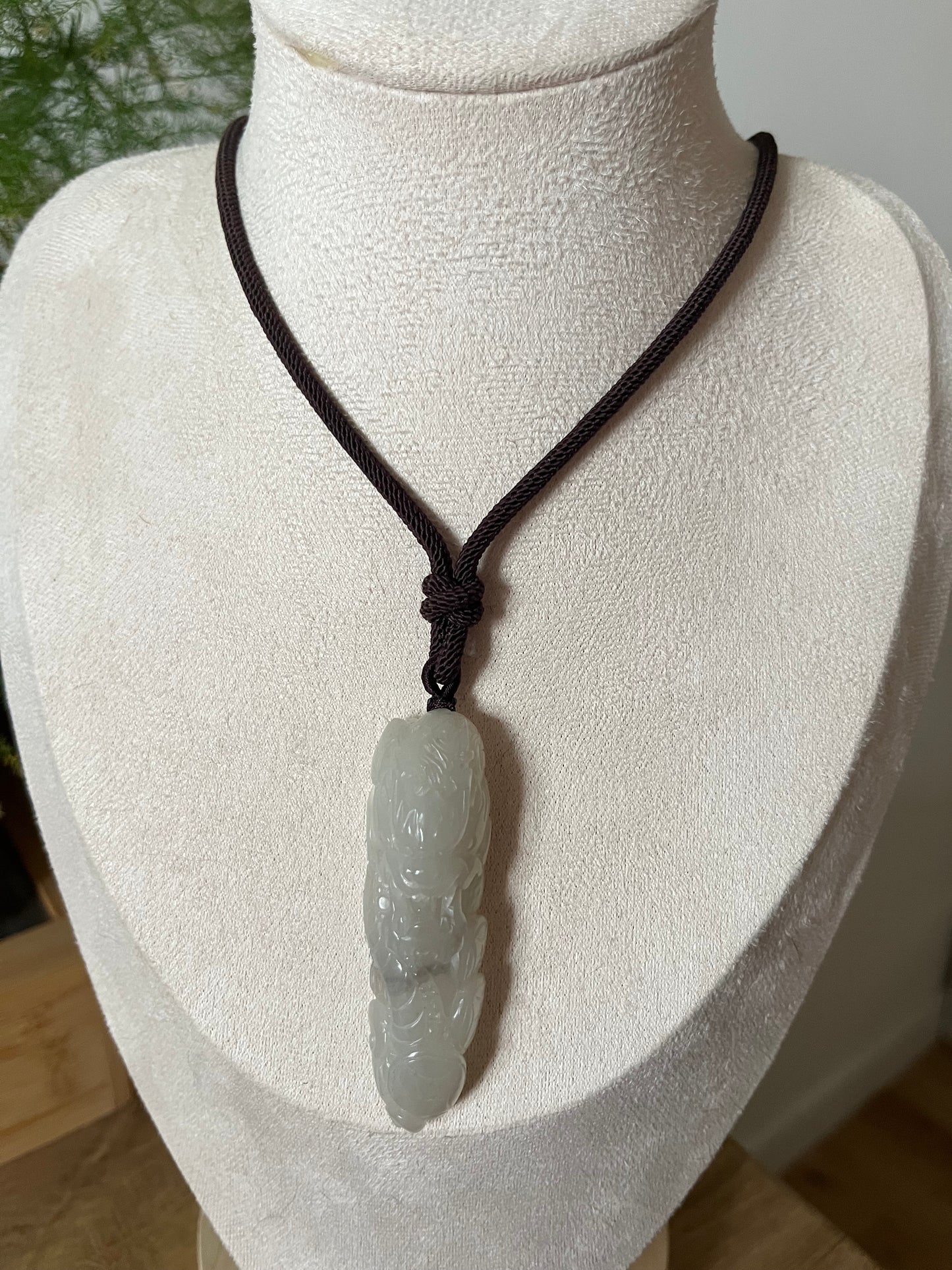 Hand Carved Icy Gray Hetian Jade Dragon Pendant | 手雕和田玉龙牌