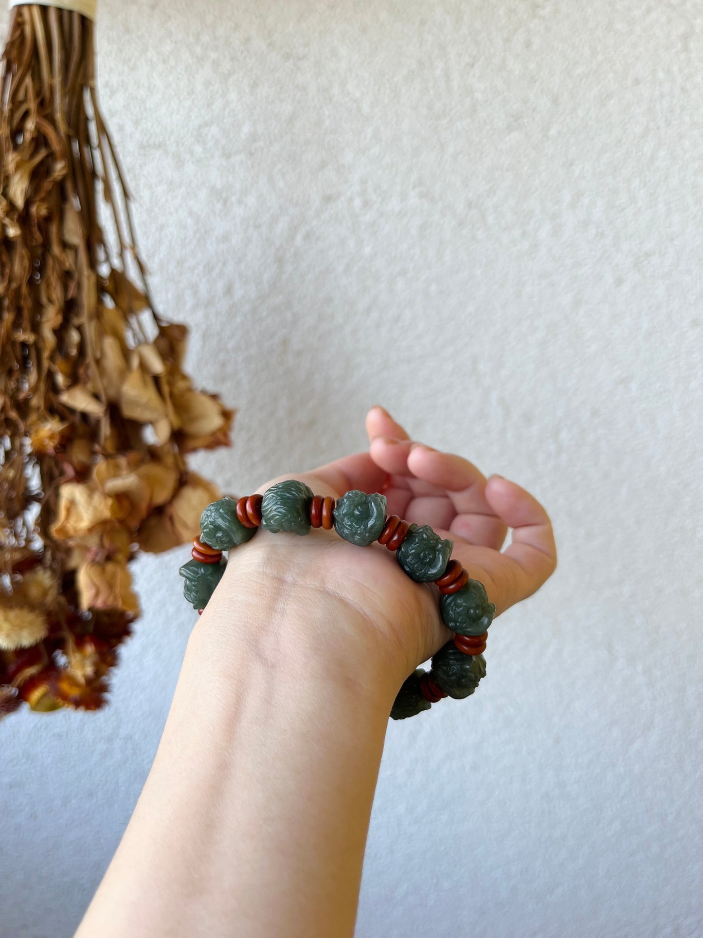 Hand Carved Blue Hetian Jade Lion Dance Head Beaded Bracelet, 醒狮头手串