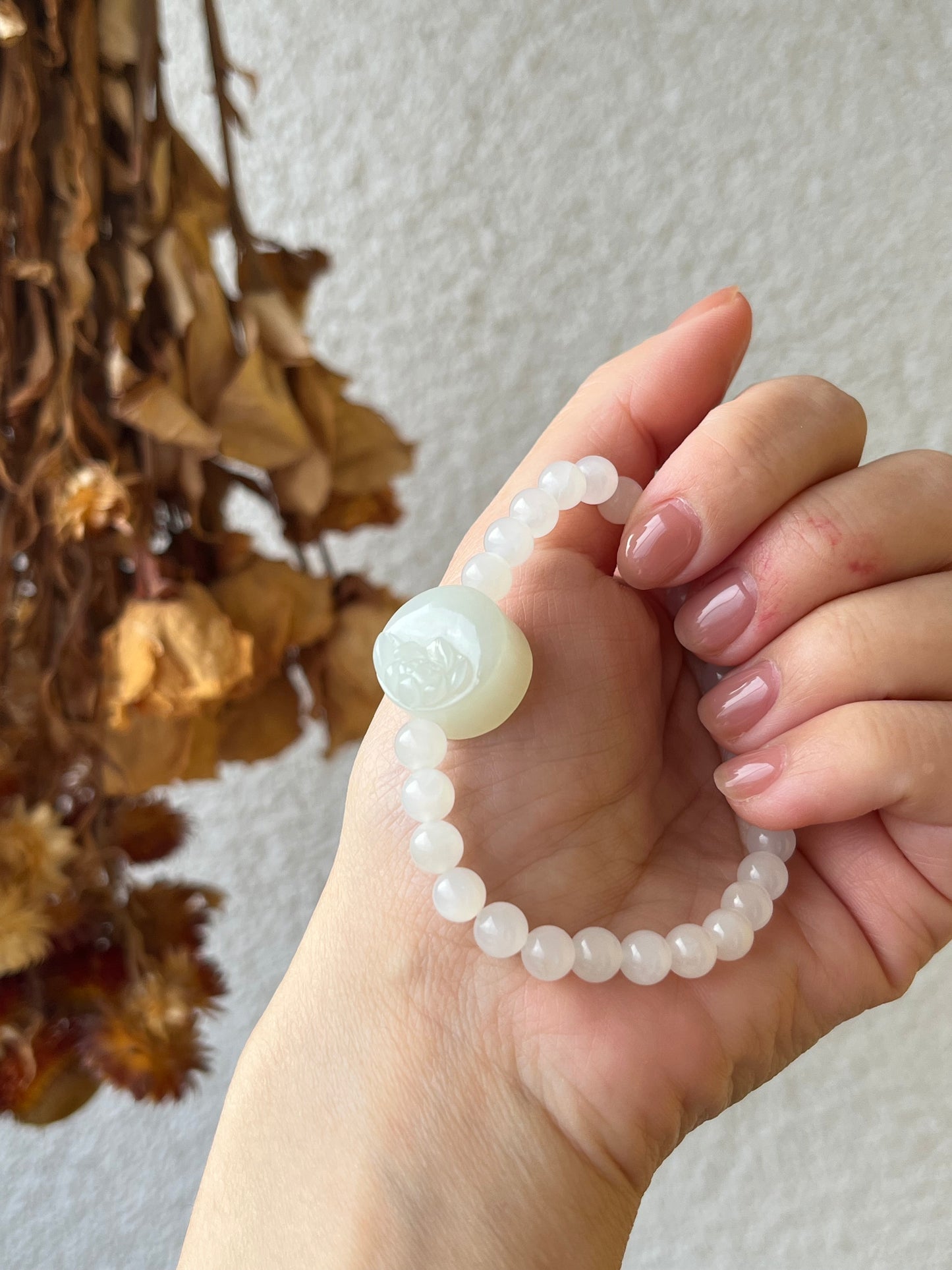 White Hetian Jade Bracelet with a Hand Carved Lotus Pendant and 6mm Beads