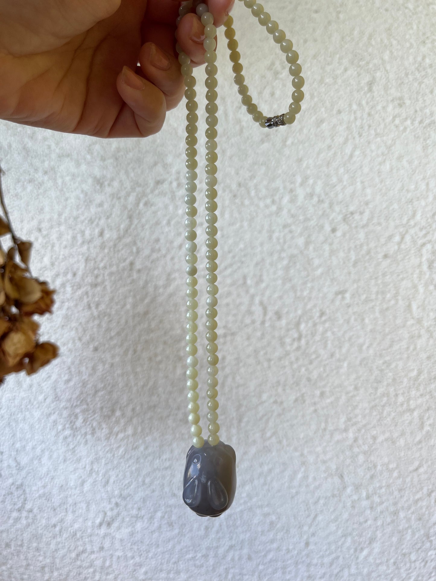 Chinese Zodiac - Handmade Necklace with a Hand Carved Purple Hetian Jade Rabbit and 5mm Hetian Jade Beaded Cord