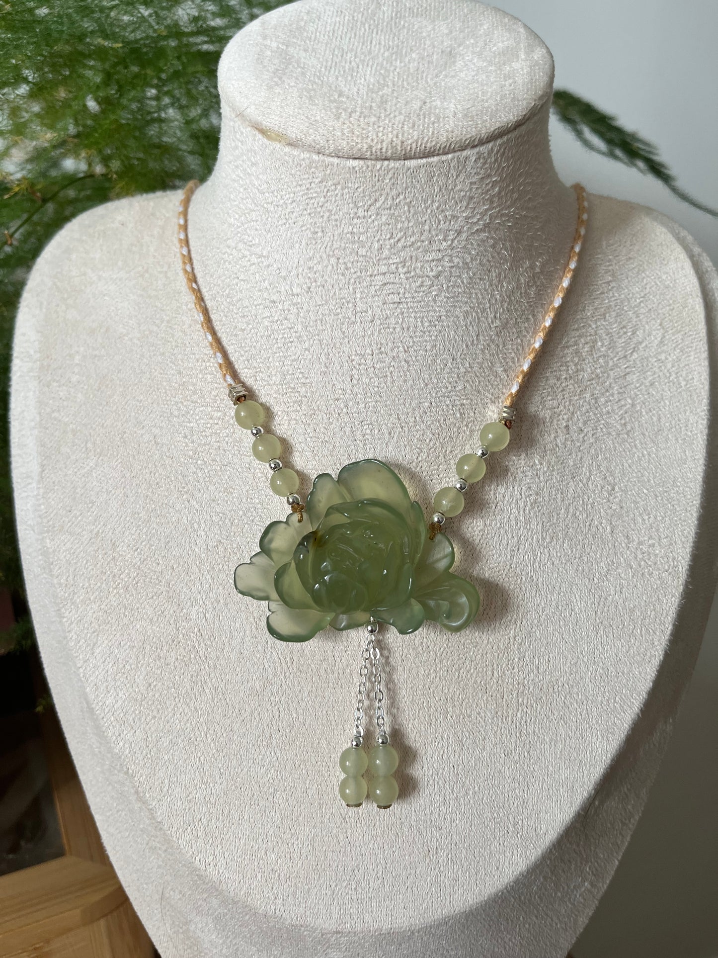 Hand Carved Light Green Xiu Jade Peony