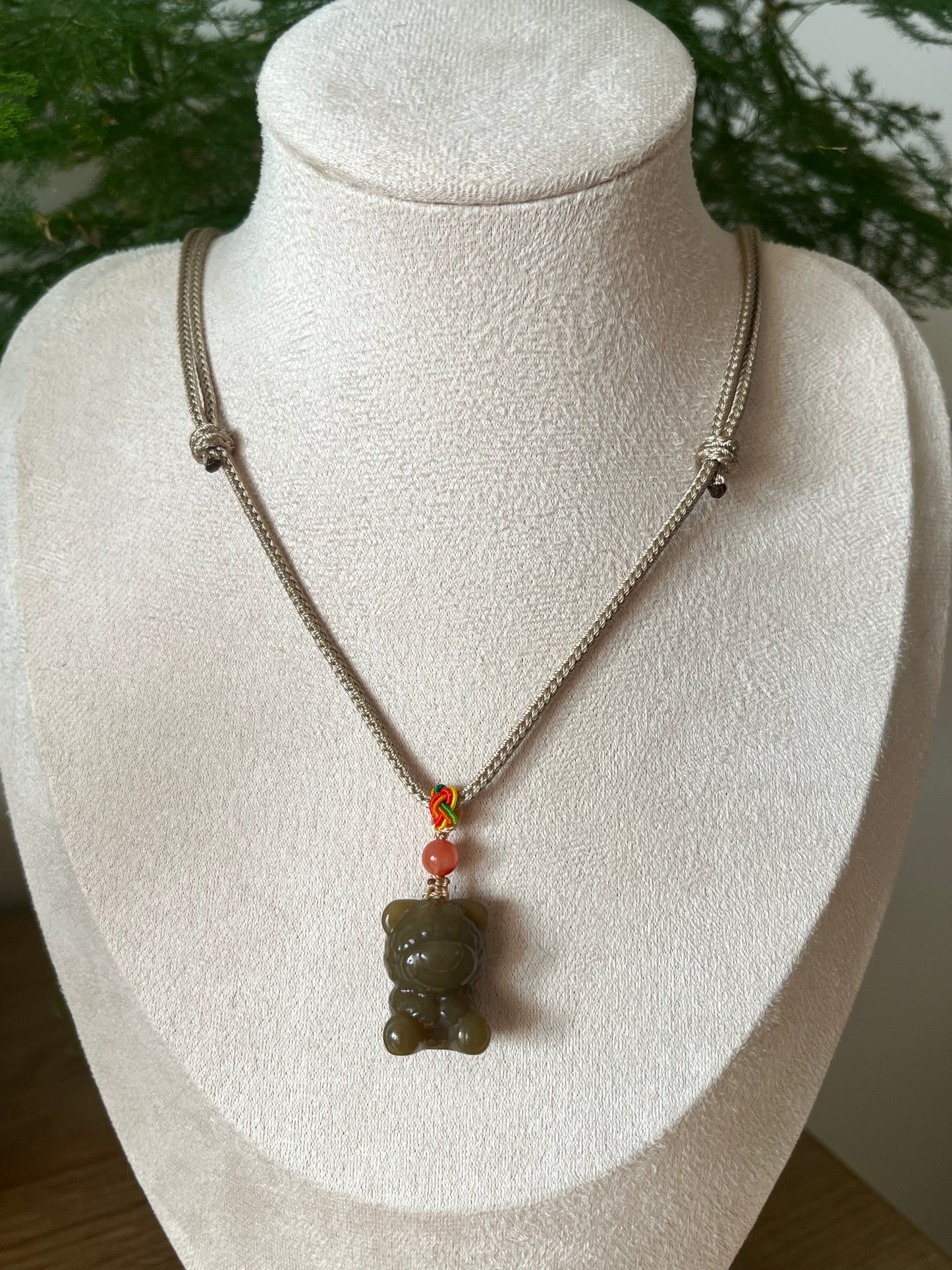 Handmade Necklace with a Carved Hetian Brown Jade Bear Pendant
