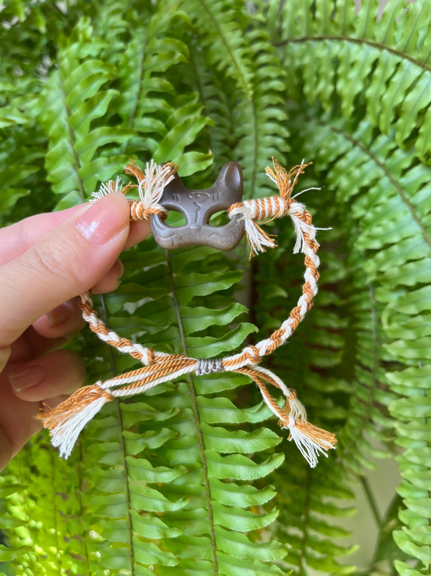 Handmade Bracelet with a Brown Hetian Jade Cat Mask
