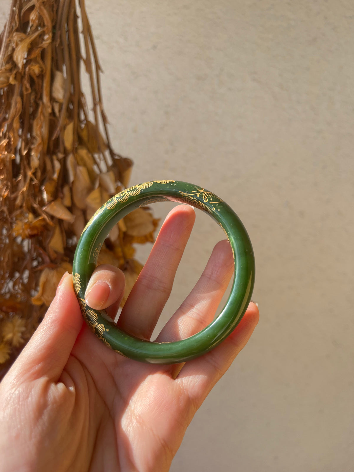 Hetian Jade Bangle with Hand-painted Gold Accents 61mm