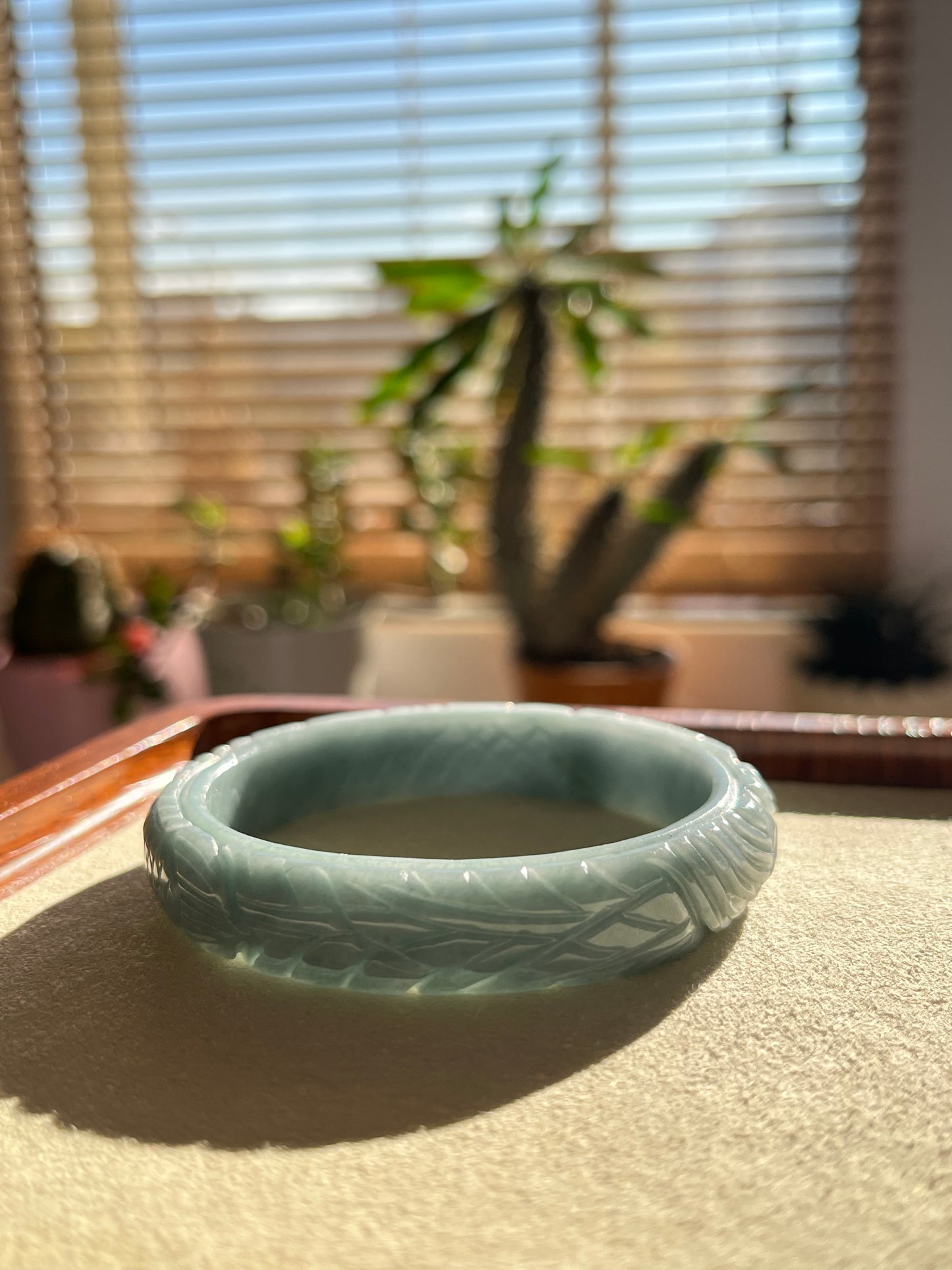 Sky Blue Jadeite Carved Bangle 60mm, Phoenix Motif | 天空蓝翡翠凤凰雕刻手镯