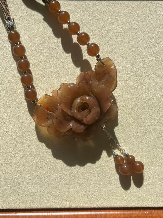 Hand Carved Xiu Jade Peony Pendant